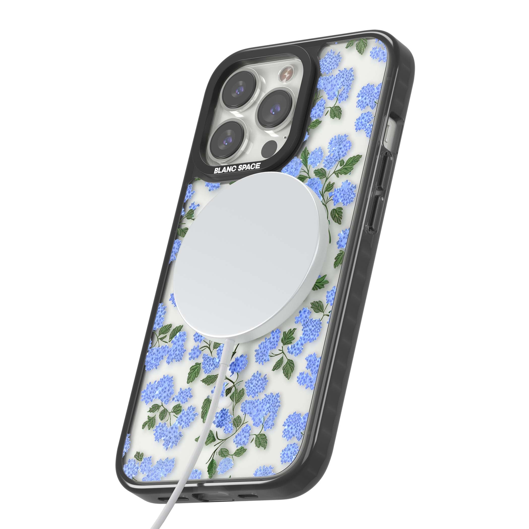 Hydrangea Dreams cottagecore iPhone case featuring soft blue hydrangea flower clusters and green leaves | Black Impact Magsafe case for iPhone 13 Pro, iPhone 14 Pro, iPhone 15 Pro