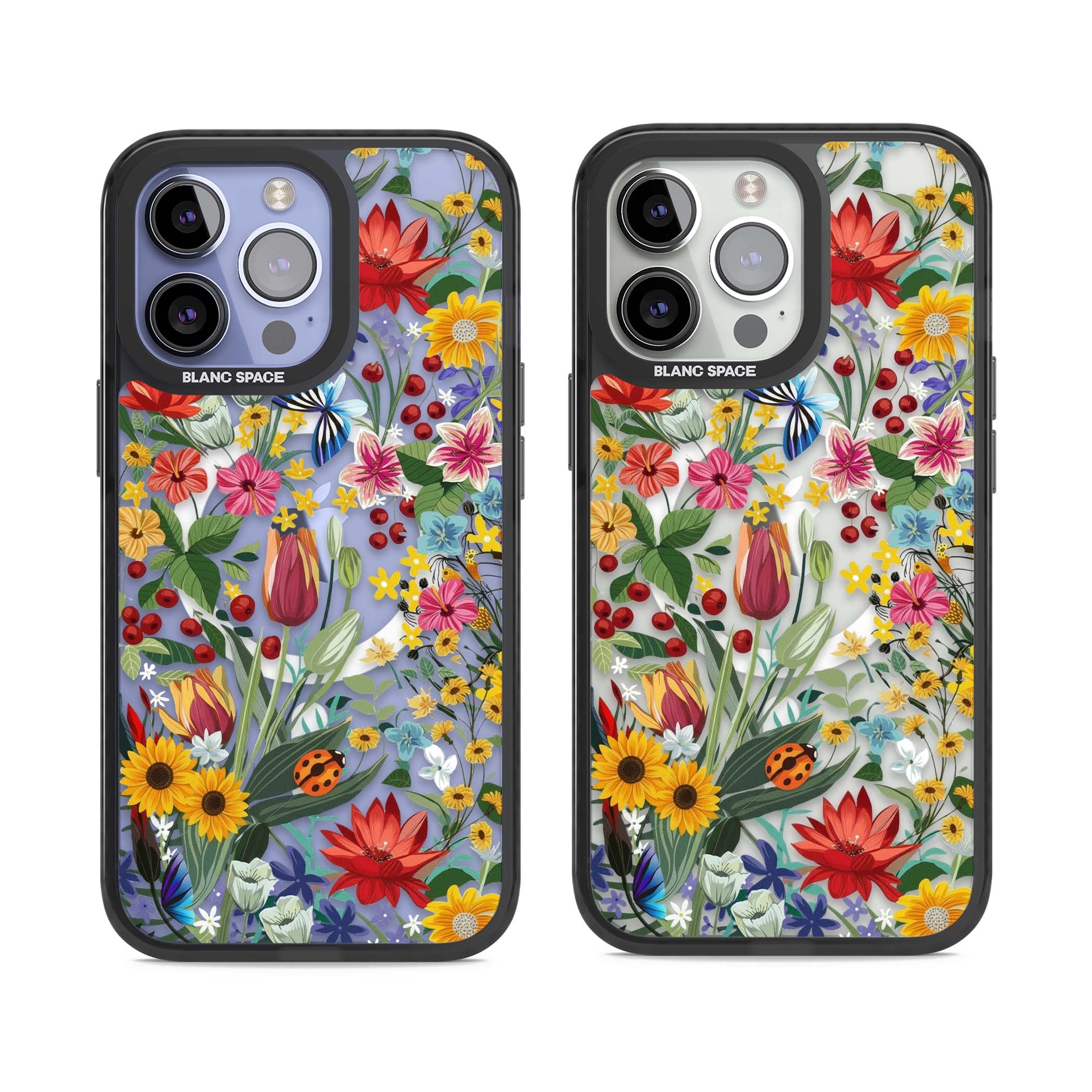Botanical Bloom cottagecore iPhone case featuring colorful wildflowers, sunflowers, and ladybugs on clear background | Black Impact Magsafe case for iPhone 13 Pro, iPhone 14 Pro, iPhone 15 Pro