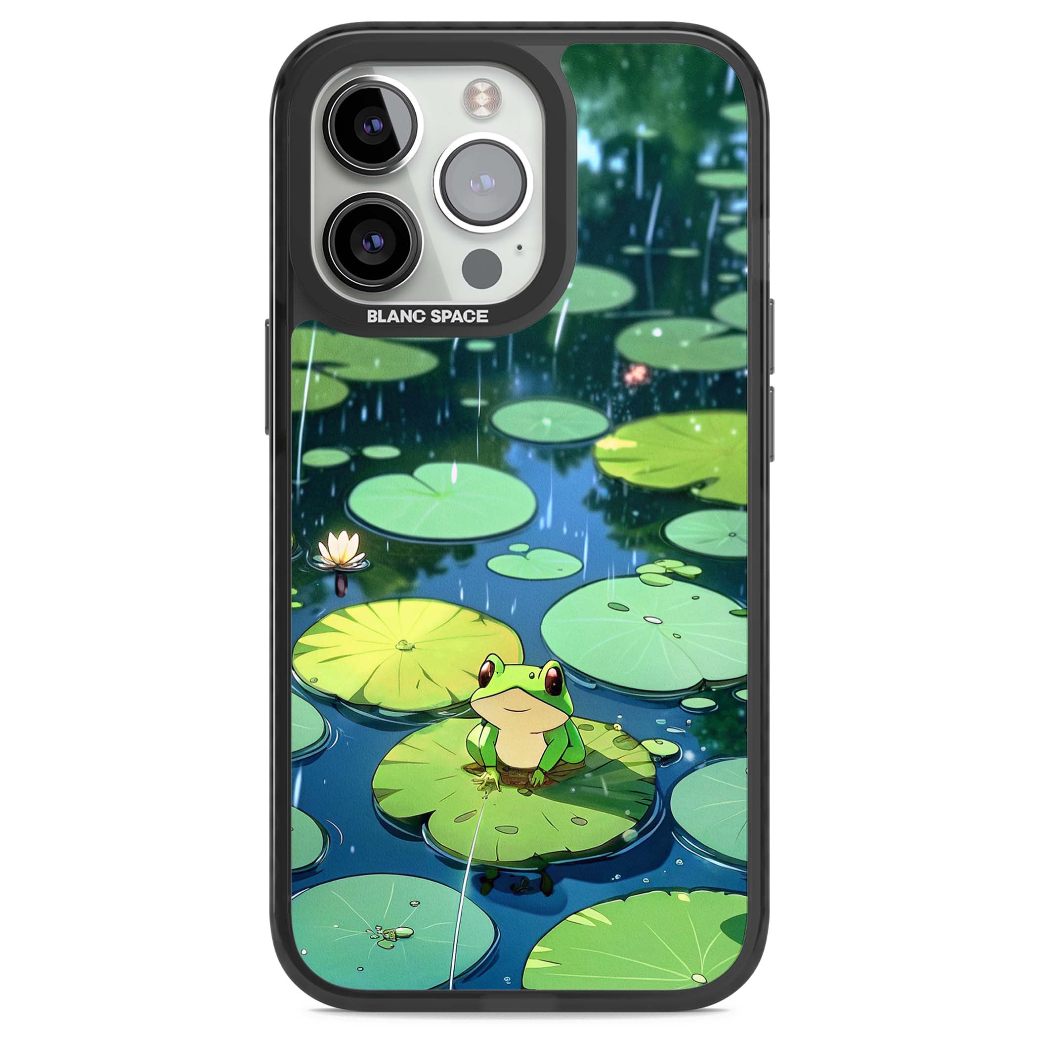 Frog In Lily Pond cottagecore iPhone case featuring a cute green frog on a lily pad with falling rain and a lotus flower | Black Impact Magsafe case for iPhone 13 Pro, iPhone 14 Pro, iPhone 15 Pro