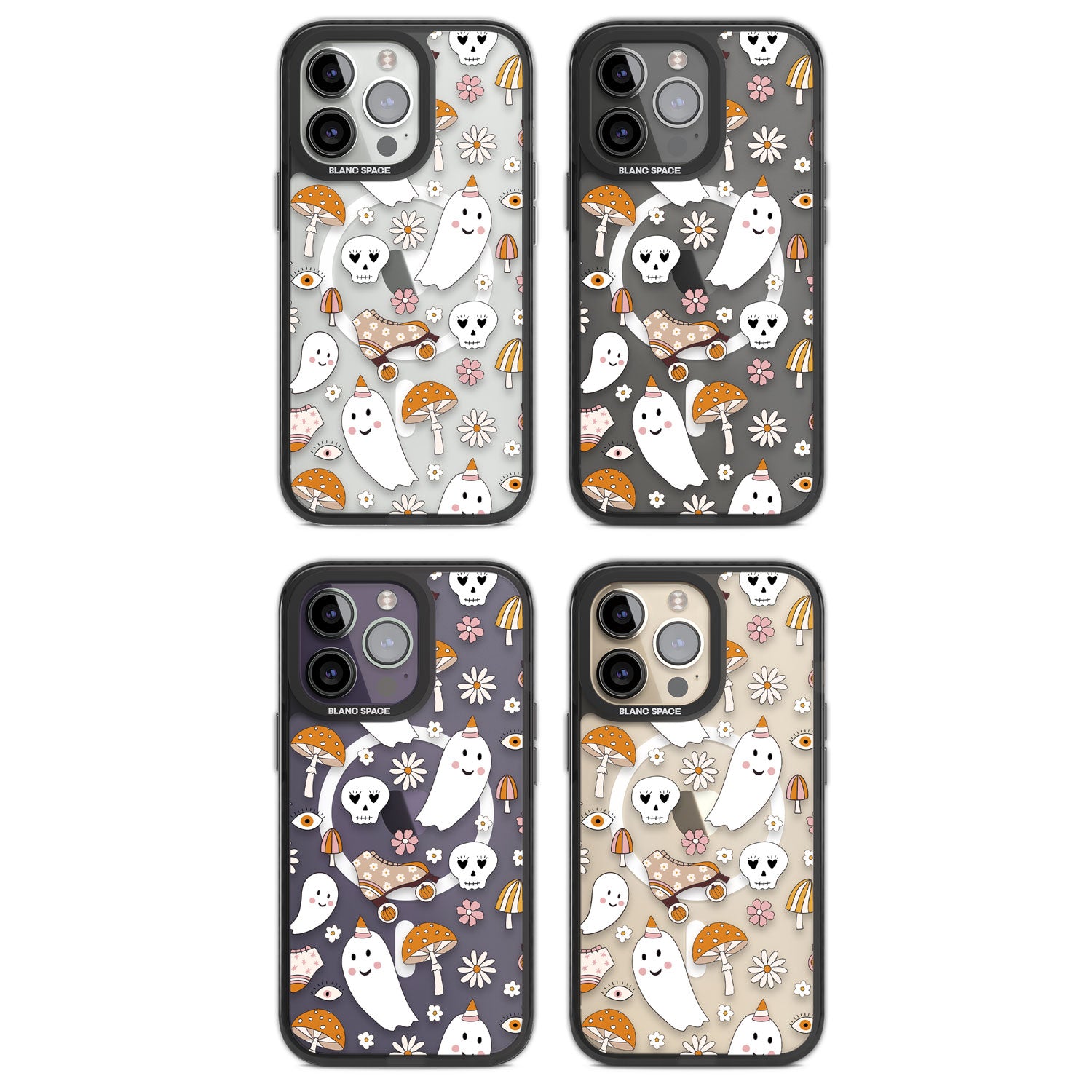 Cute Ghost and Skulls Pattern Magsafe Black Impact Phone Case for iPhone 13 Pro, iPhone 14 Pro, iPhone 15 Pro