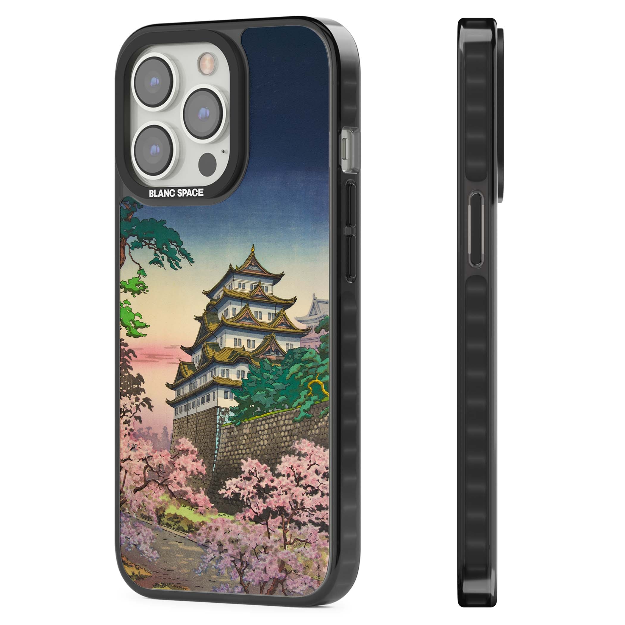 Nagoya Castle Japanese iPhone case featuring a vintage pagoda, twilight sky and cherry blossom trees | Black Impact Magsafe case for iPhone 13 Pro, iPhone 14 Pro, iPhone 15 Pro