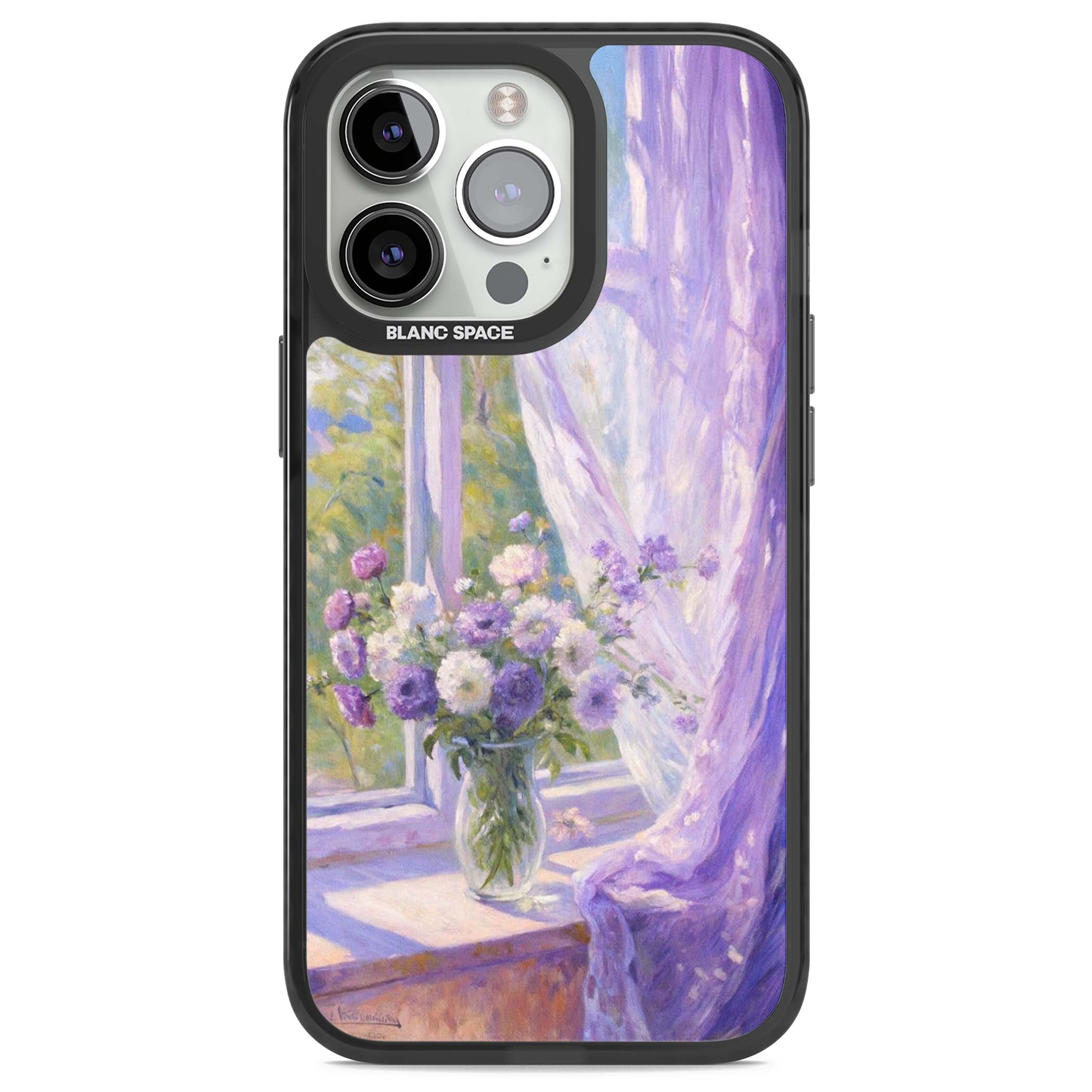 A Provence Morning impressionist art iPhone case featuring a vase of purple flowers, sunlit window and sheer curt | Black Impact Magsafe case for iPhone 13 Pro, iPhone 14 Pro, iPhone 15 Pro