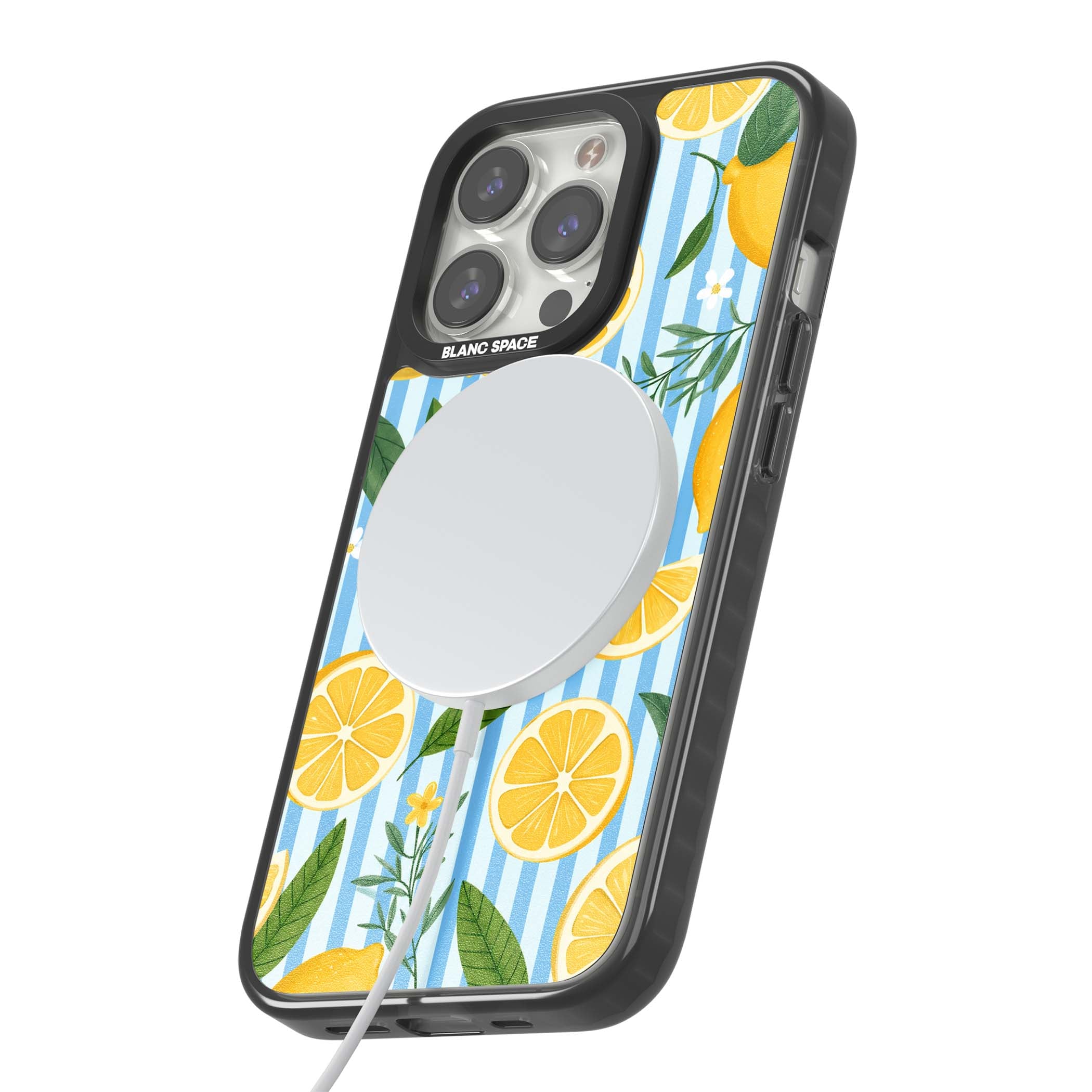 Capri Citrus Stripe coastal iPhone case featuring yellow lemons, blue stripes, and white daisy blossoms | Black Impact Magsafe case for iPhone 13 Pro, iPhone 14 Pro, iPhone 15 Pro