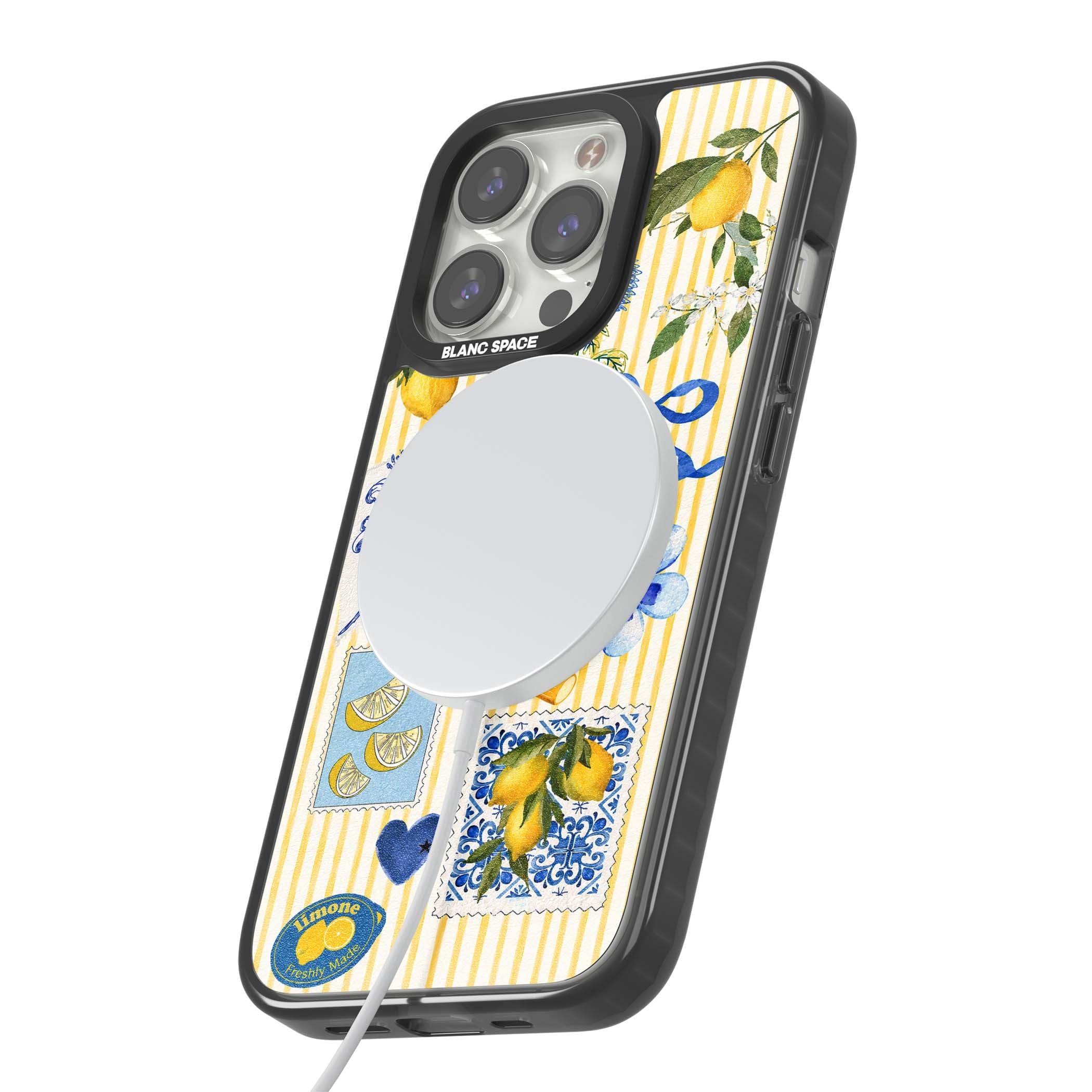 Limone Riviera Italian summer iPhone case featuring watercolour lemons, blue ribbon bows and majolica tile stamps on... | Black Impact Magsafe case for iPhone 13 Pro, iPhone 14 Pro, iPhone 15 Pro