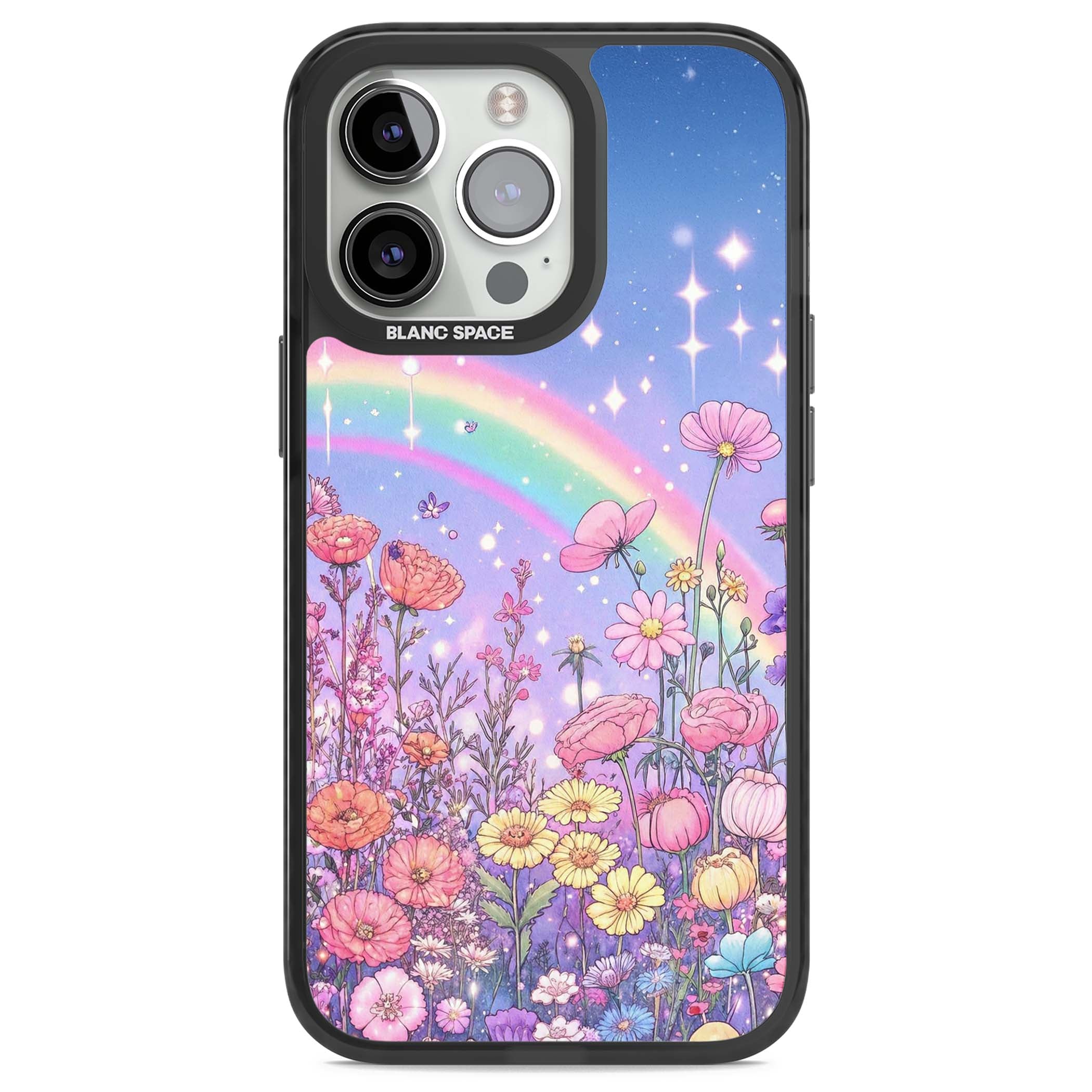 Magical Meadow fairycore iPhone case featuring a pastel rainbow, sparkling stars and a wildflower meadow | Black Impact Magsafe case for iPhone 13 Pro, iPhone 14 Pro, iPhone 15 Pro