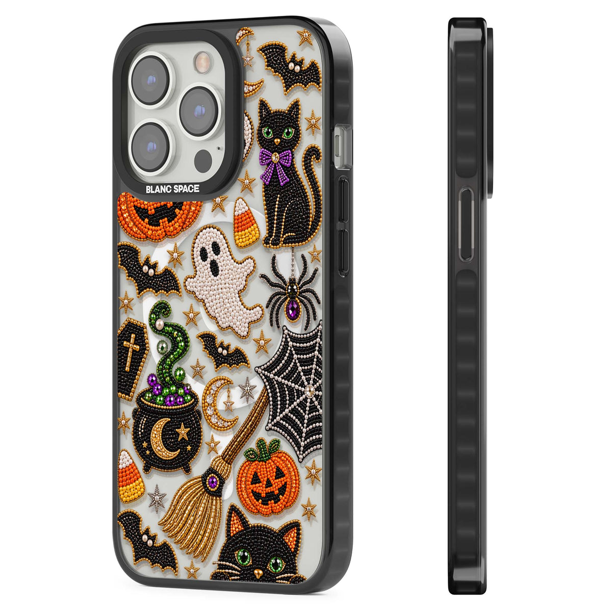 Beaded Halloween Halloween iPhone case featuring beaded pumpkins, ghosts, black cats and bats | Black Impact Magsafe case for iPhone 13 Pro, iPhone 14 Pro, iPhone 15 Pro