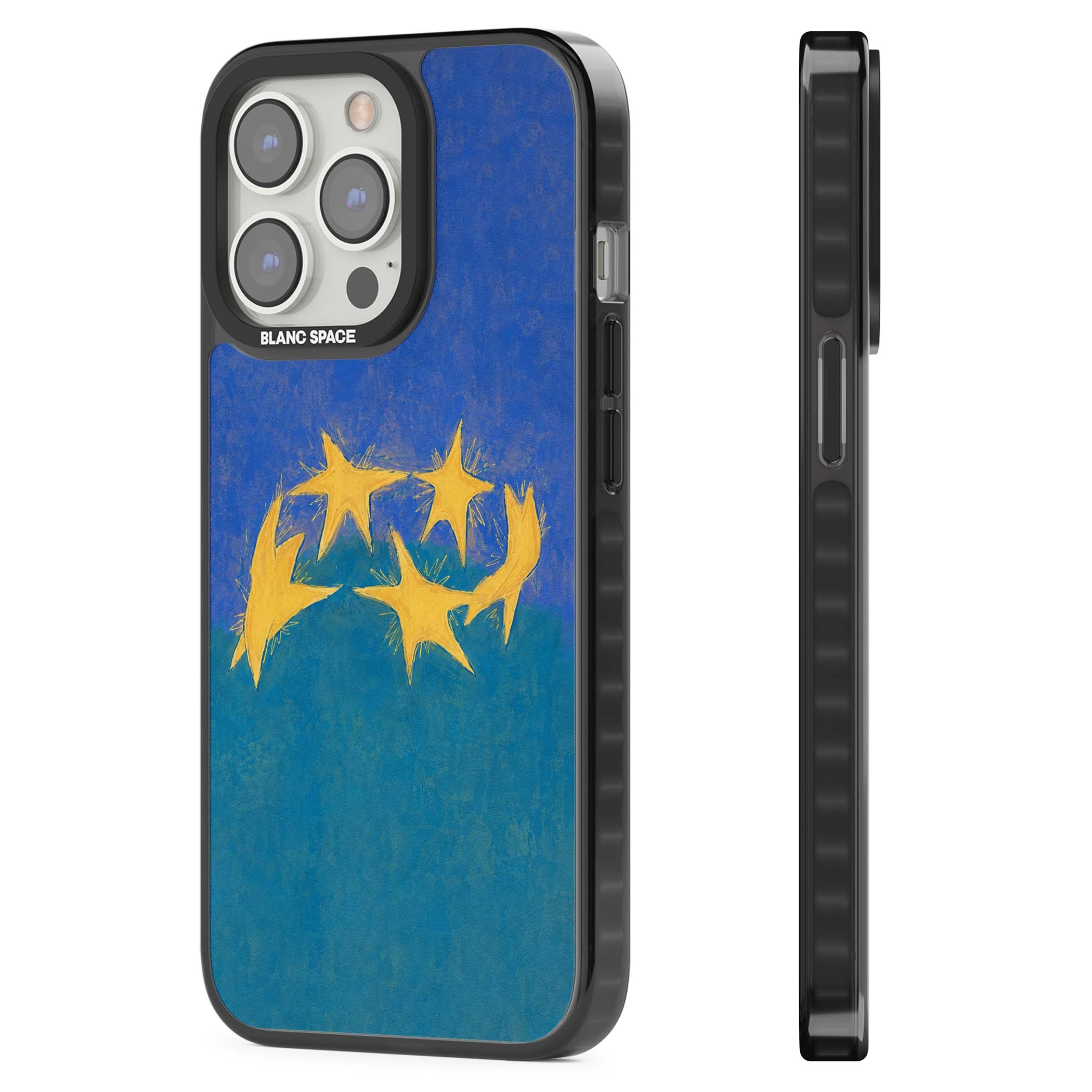 Star Boogie stars aesthetic iPhone case featuring five yellow hand-painted stars on cobalt blue and teal | Black Impact Magsafe case for iPhone 13 Pro, iPhone 14 Pro, iPhone 15 Pro