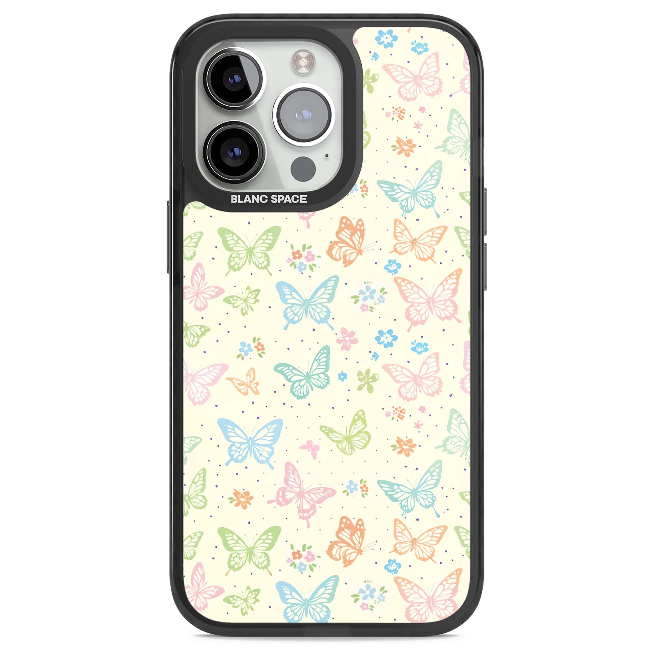 Sugar Wings cottagecore iPhone case featuring rainbow pastel butterflies, tiny wildflowers, and a cream background | Black Impact Magsafe case for iPhone 13 Pro, iPhone 14 Pro, iPhone 15 Pro