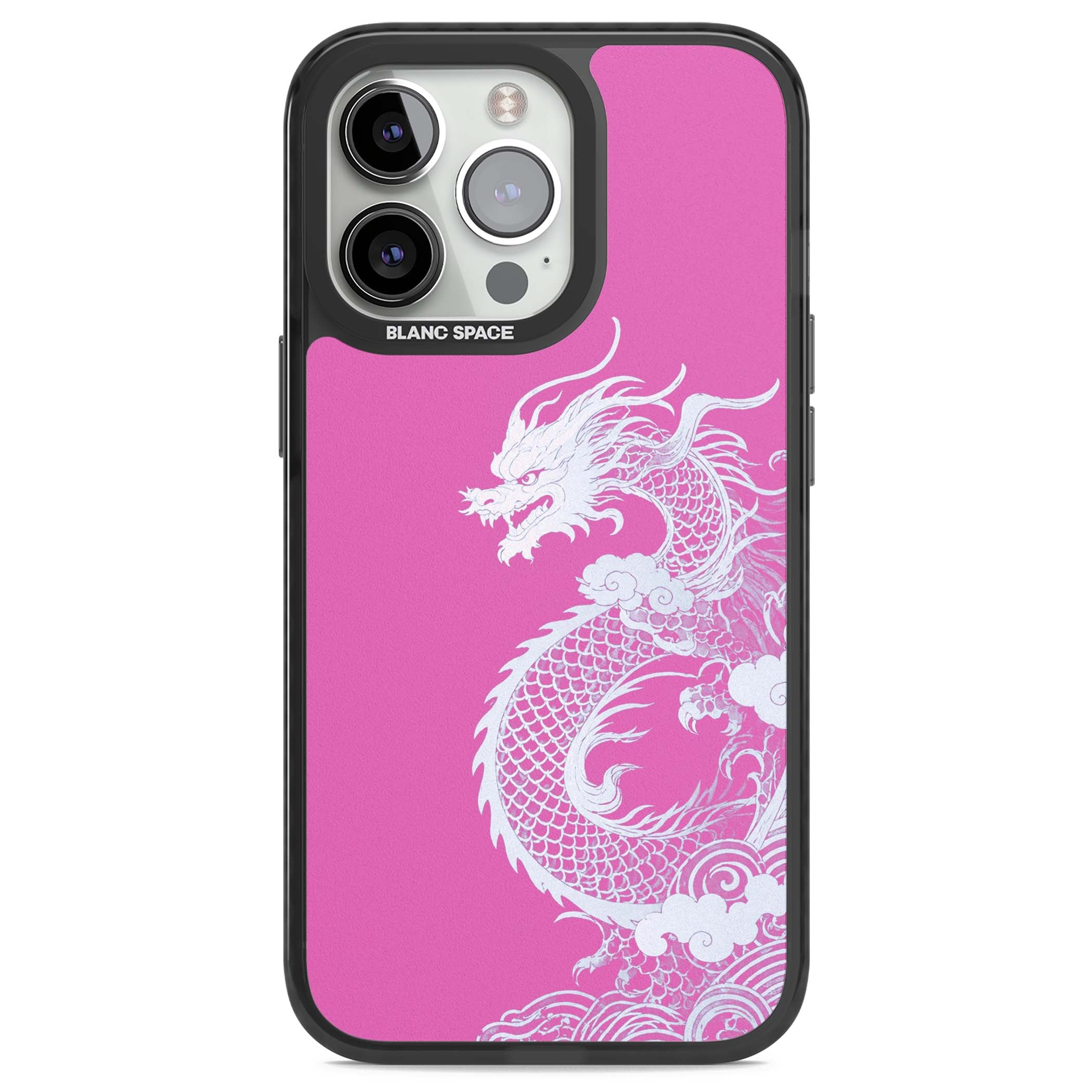Pink Empress chinese dragon iPhone case featuring a white dragon, swirling clouds and pink dragon wallpaper backdrop | Black Impact Magsafe case for iPhone 13 Pro, iPhone 14 Pro, iPhone 15 Pro