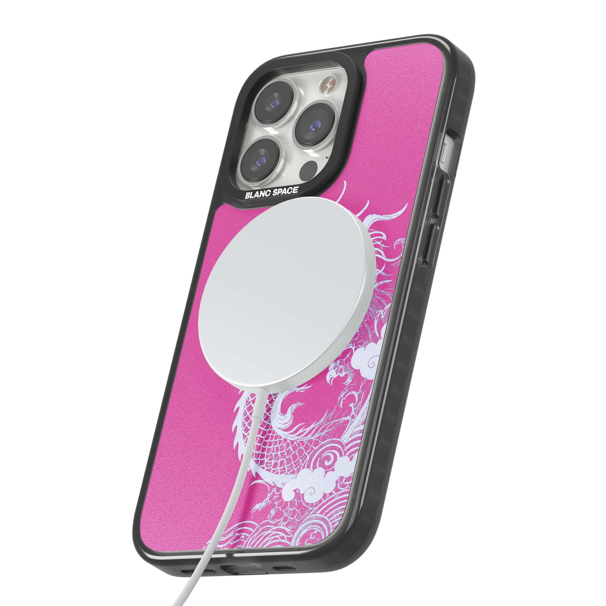 Pink Empress chinese dragon iPhone case featuring a white dragon, swirling clouds and pink dragon wallpaper backdrop | Black Impact Magsafe case for iPhone 13 Pro, iPhone 14 Pro, iPhone 15 Pro