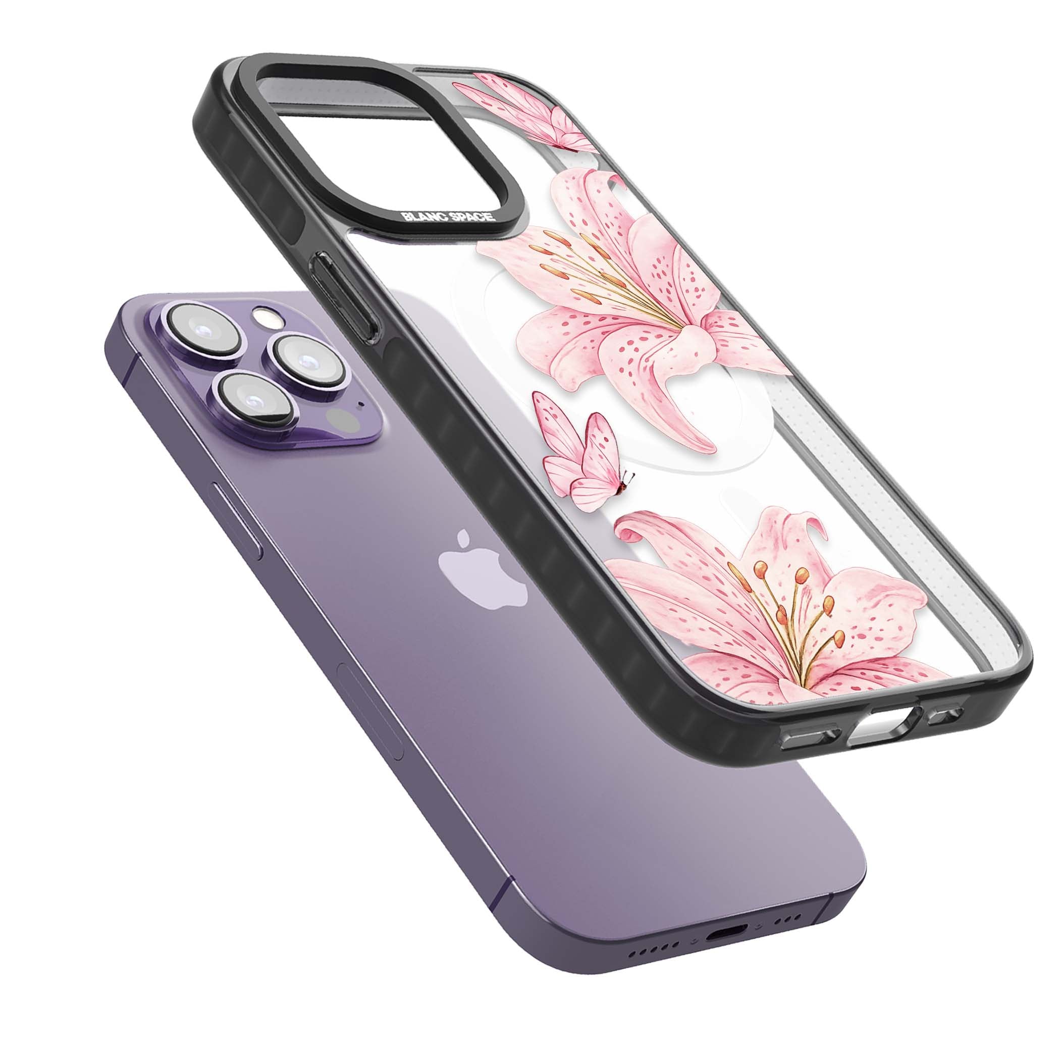 Lily Whisper floral iPhone case featuring pink watercolour lilies and delicate butterflies on a clear background | Black Impact Magsafe case for iPhone 13 Pro, iPhone 14 Pro, iPhone 15 Pro
