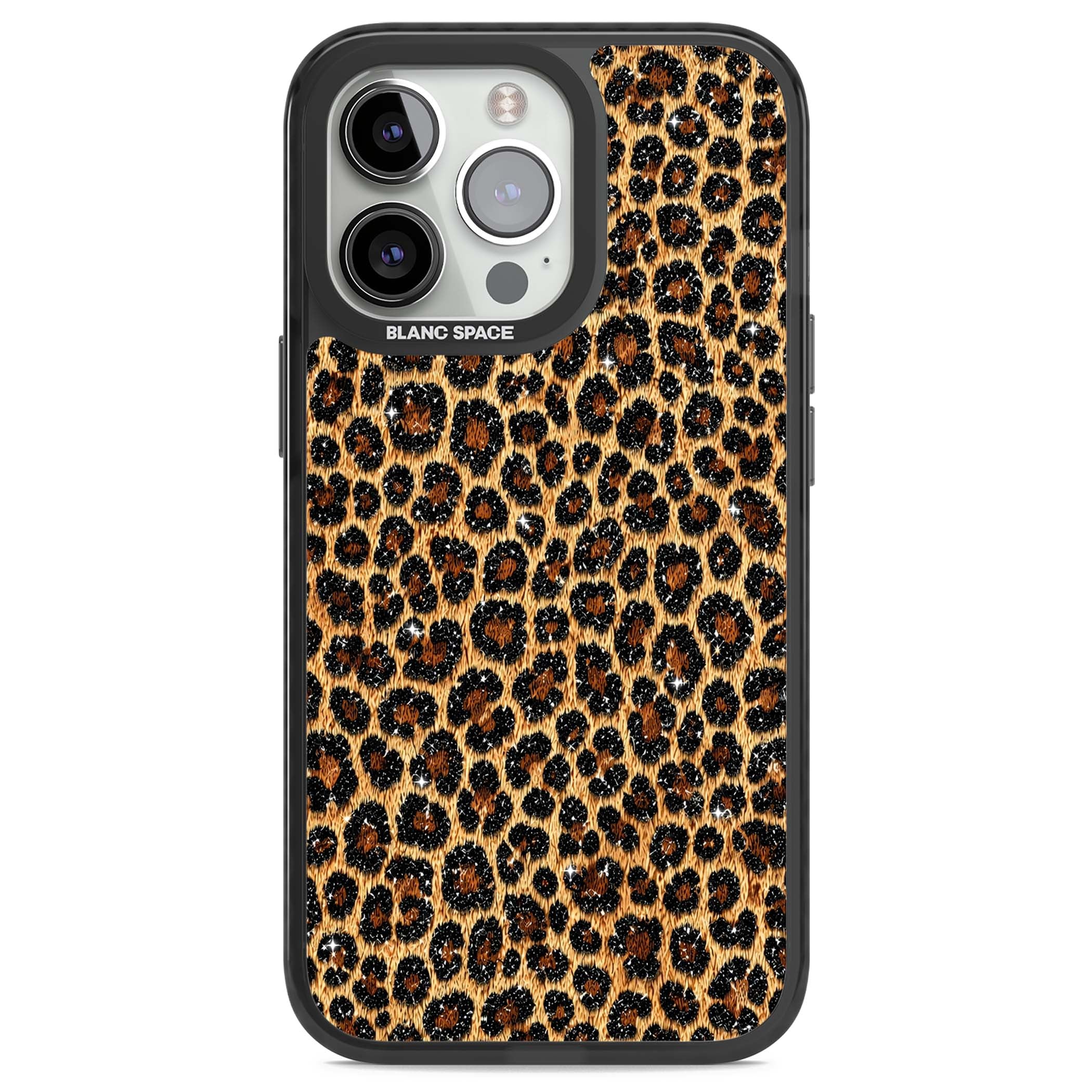 Diamond Leopard leopard print iPhone case featuring golden tan fur, black rosette spots and subtle glitter sparkle | Black Impact Magsafe case for iPhone 13 Pro, iPhone 14 Pro, iPhone 15 Pro