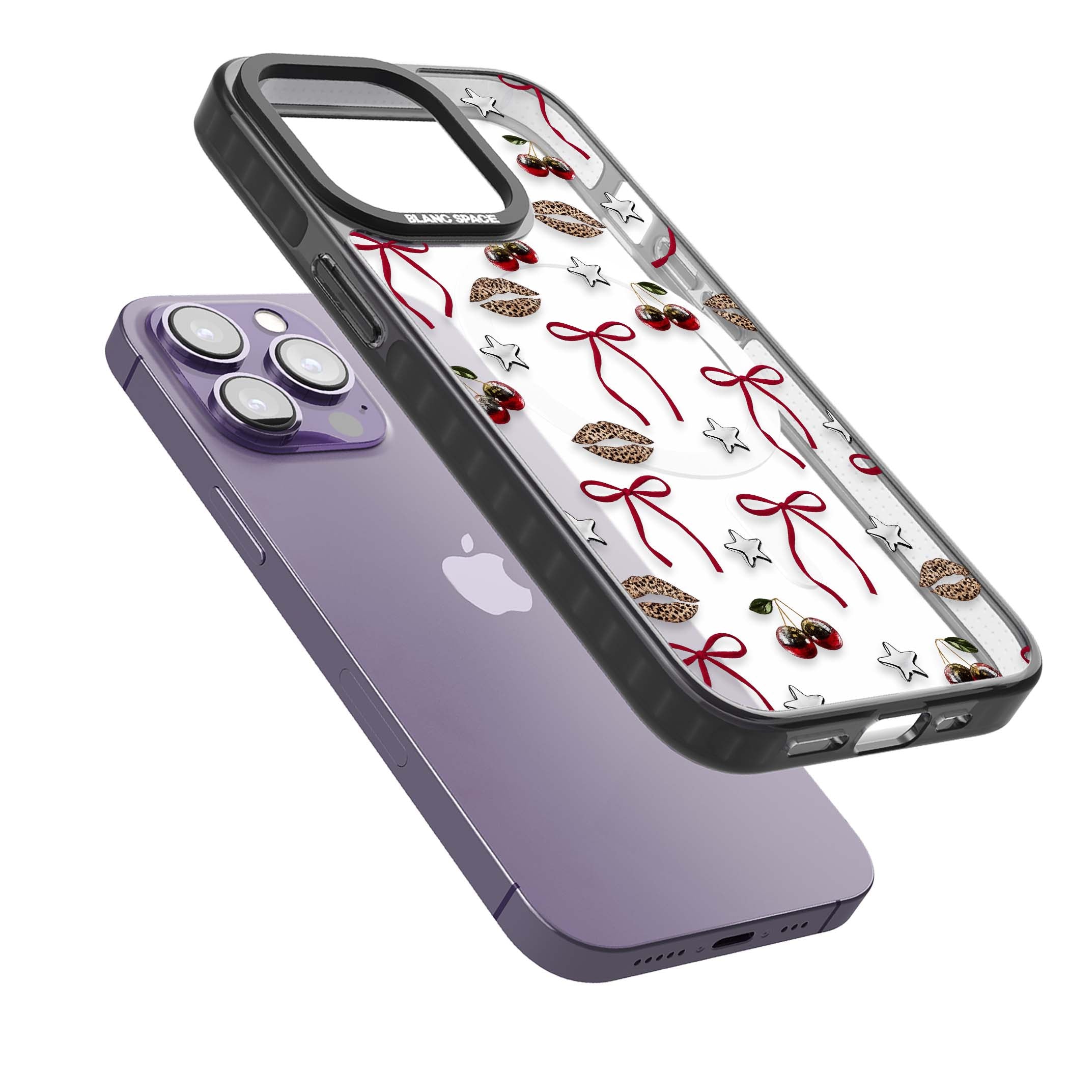 Starlet coquette iPhone case featuring red ribbon bows, disco cherries and leopard-print lips | Black Impact Magsafe case for iPhone 13 Pro, iPhone 14 Pro, iPhone 15 Pro
