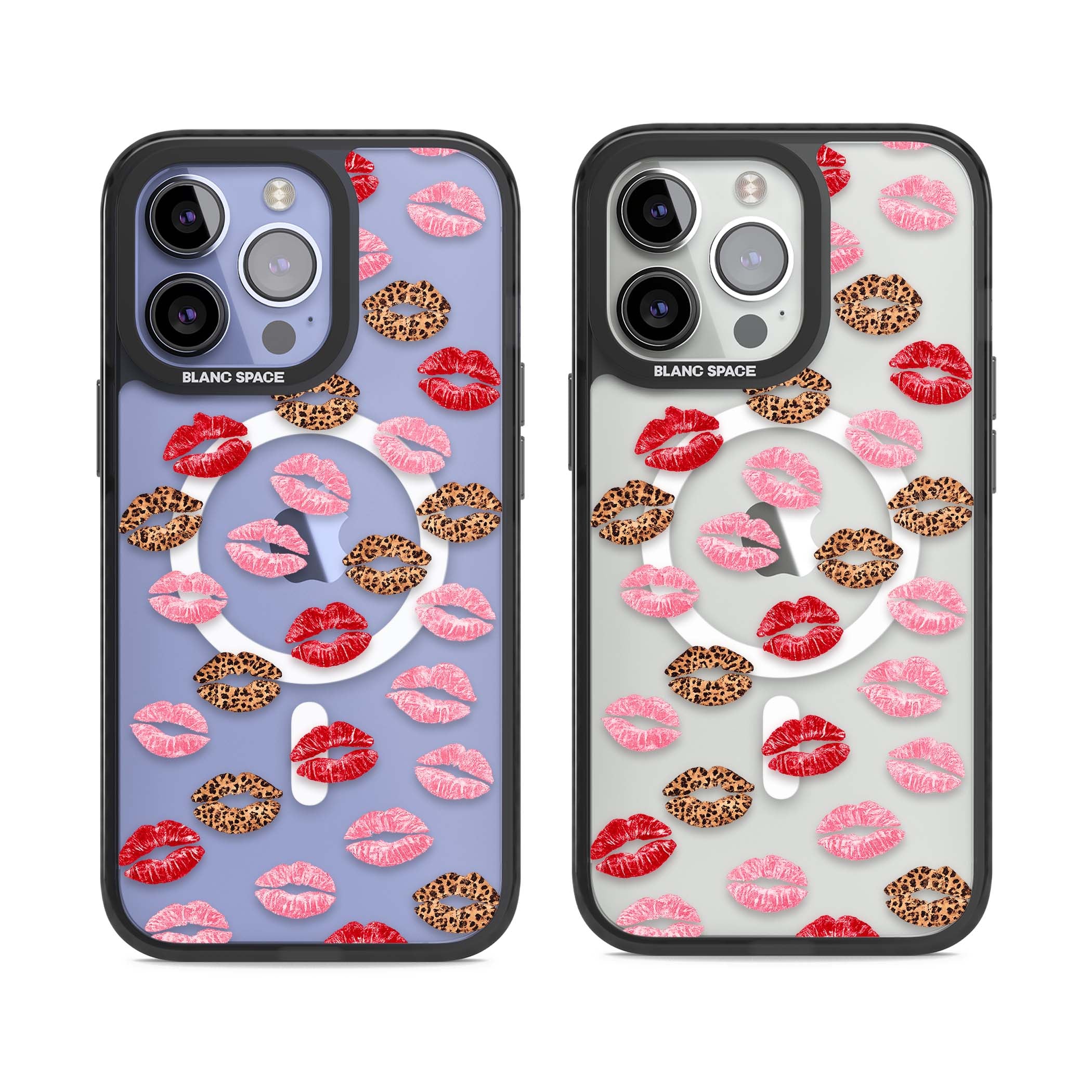 Wild Kisses coquette iPhone case featuring red, pink and leopard print lipstick kiss marks on a clear background | Black Impact Magsafe case for iPhone 13 Pro, iPhone 14 Pro, iPhone 15 Pro