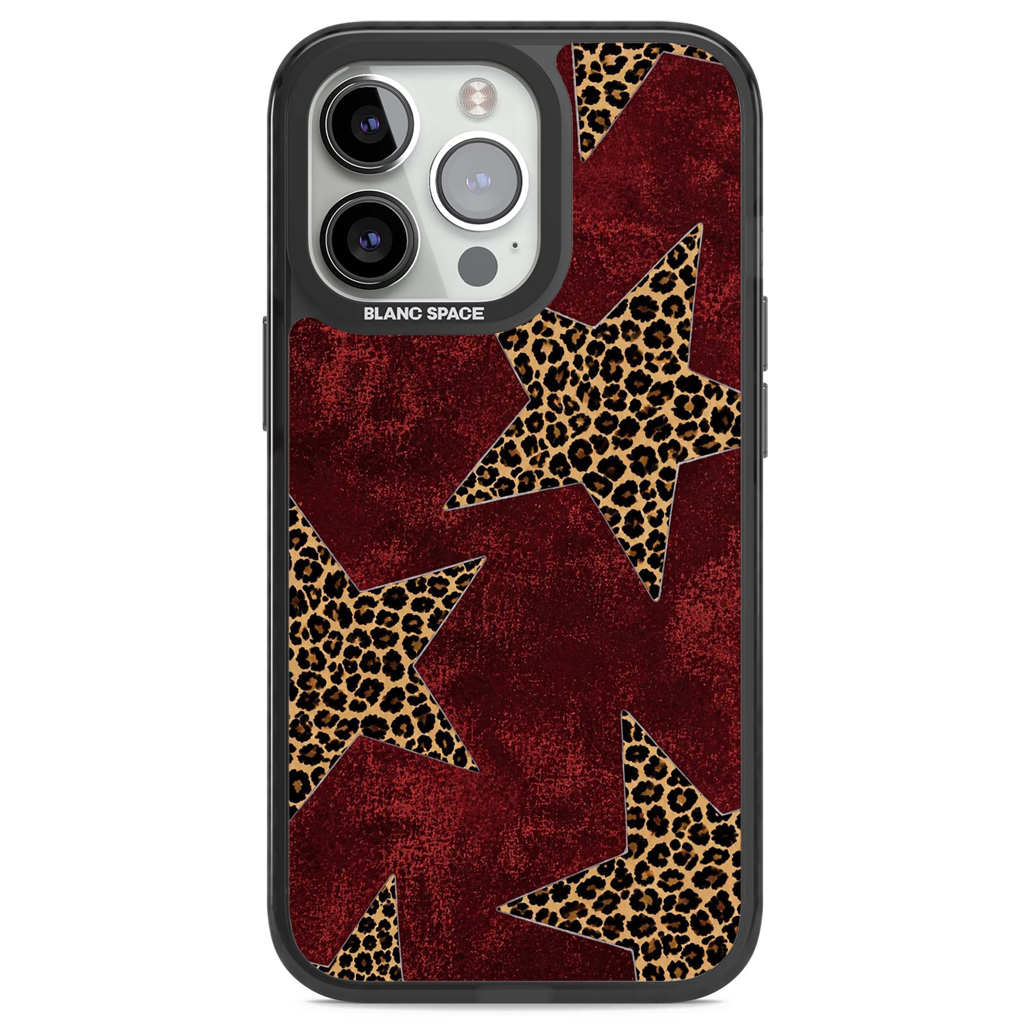 Showgirl leopard print iPhone case featuring cheetah print stars on distressed red grunge background | Black Impact Magsafe case for iPhone 13 Pro, iPhone 14 Pro, iPhone 15 Pro