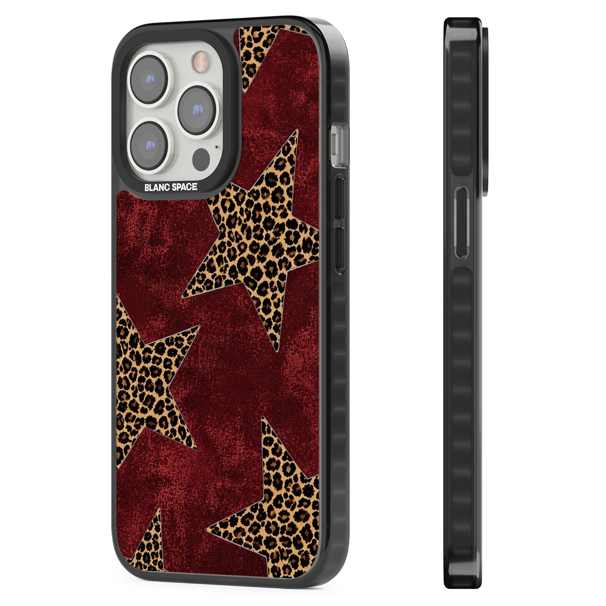 Showgirl leopard print iPhone case featuring cheetah print stars on distressed red grunge background | Black Impact Magsafe case for iPhone 13 Pro, iPhone 14 Pro, iPhone 15 Pro
