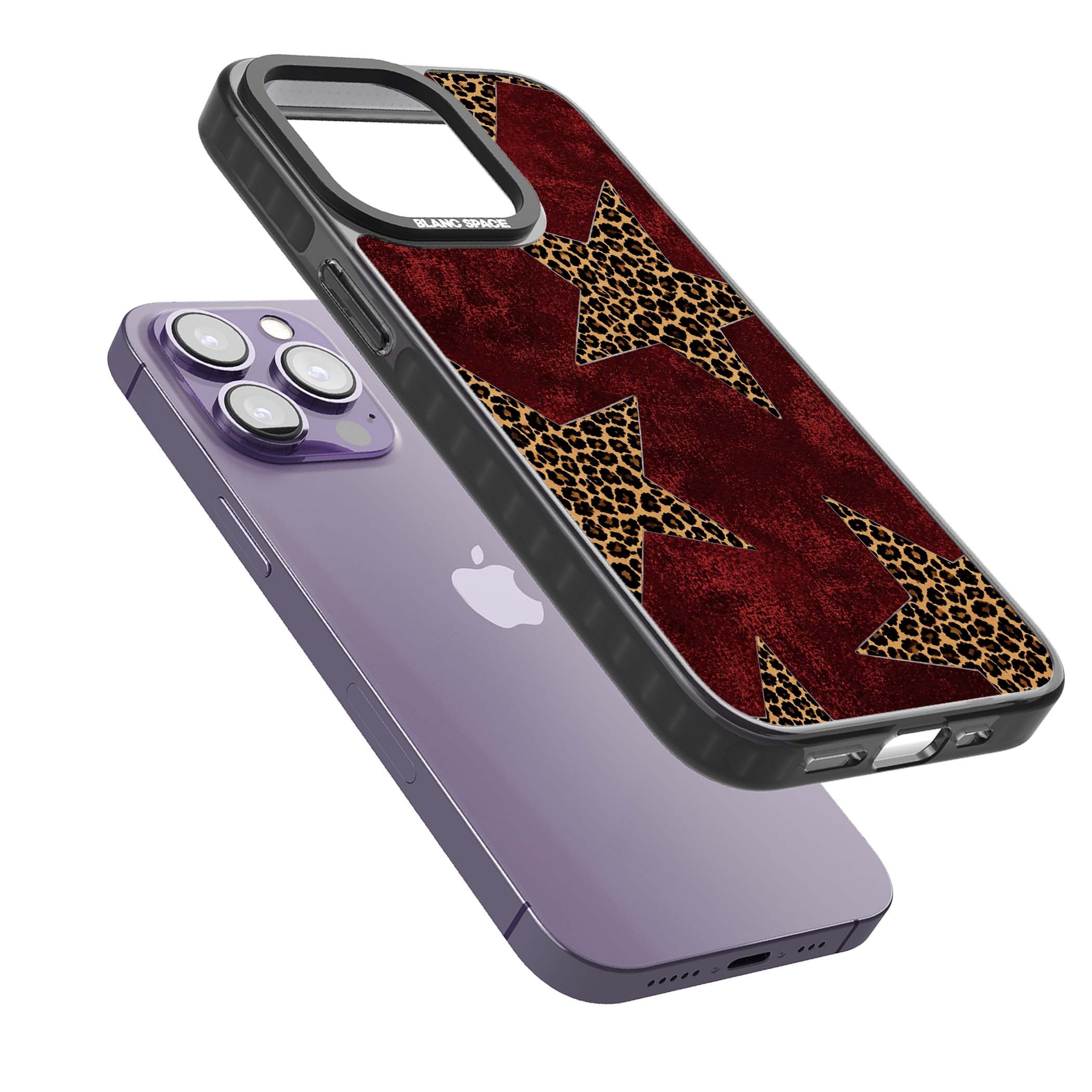 Showgirl leopard print iPhone case featuring cheetah print stars on distressed red grunge background | Black Impact Magsafe case for iPhone 13 Pro, iPhone 14 Pro, iPhone 15 Pro