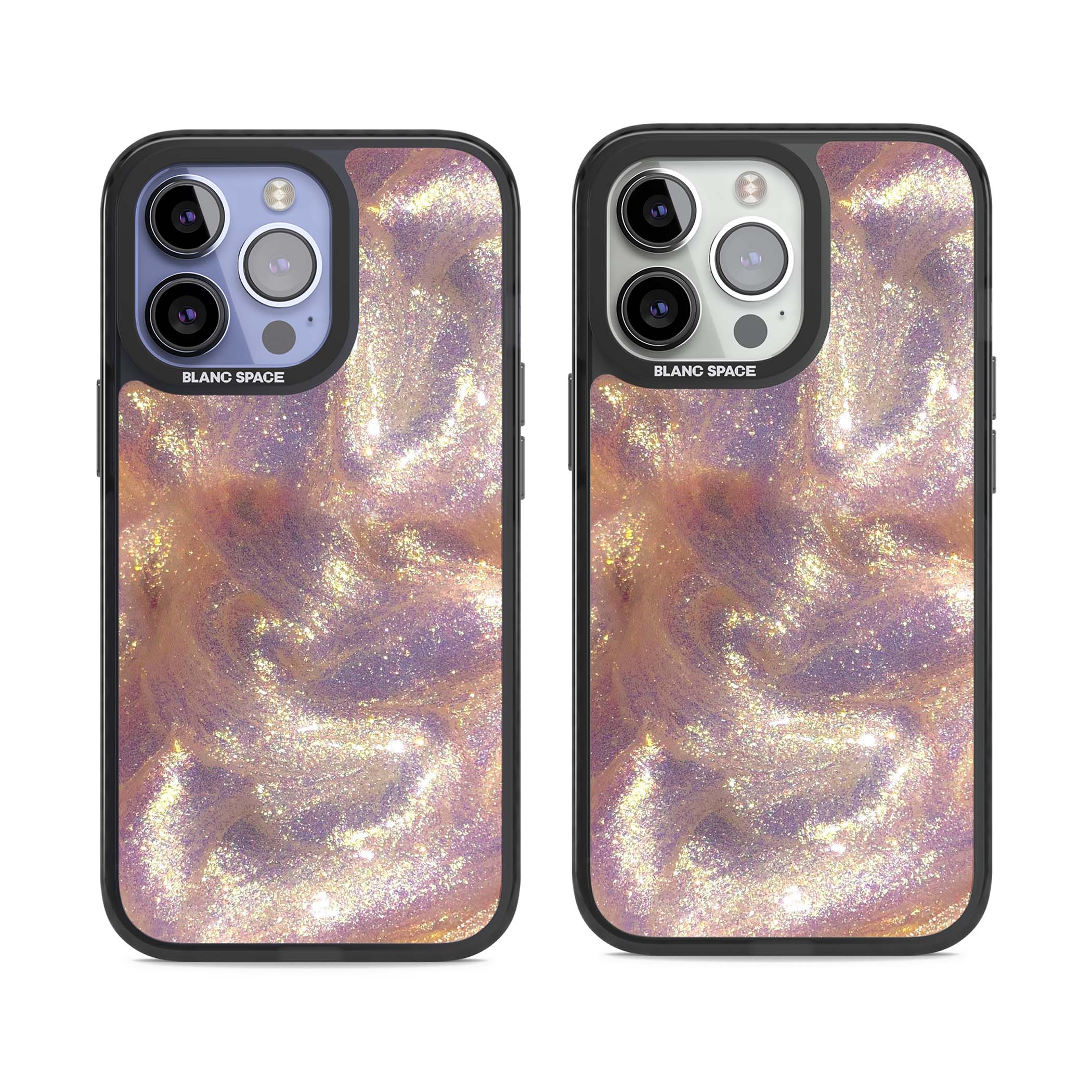 Shimmer marble iPhone case featuring rose gold glitter swirls, lilac shimmer and iridescent pearl finish | Black Impact Magsafe case for iPhone 13 Pro, iPhone 14 Pro, iPhone 15 Pro