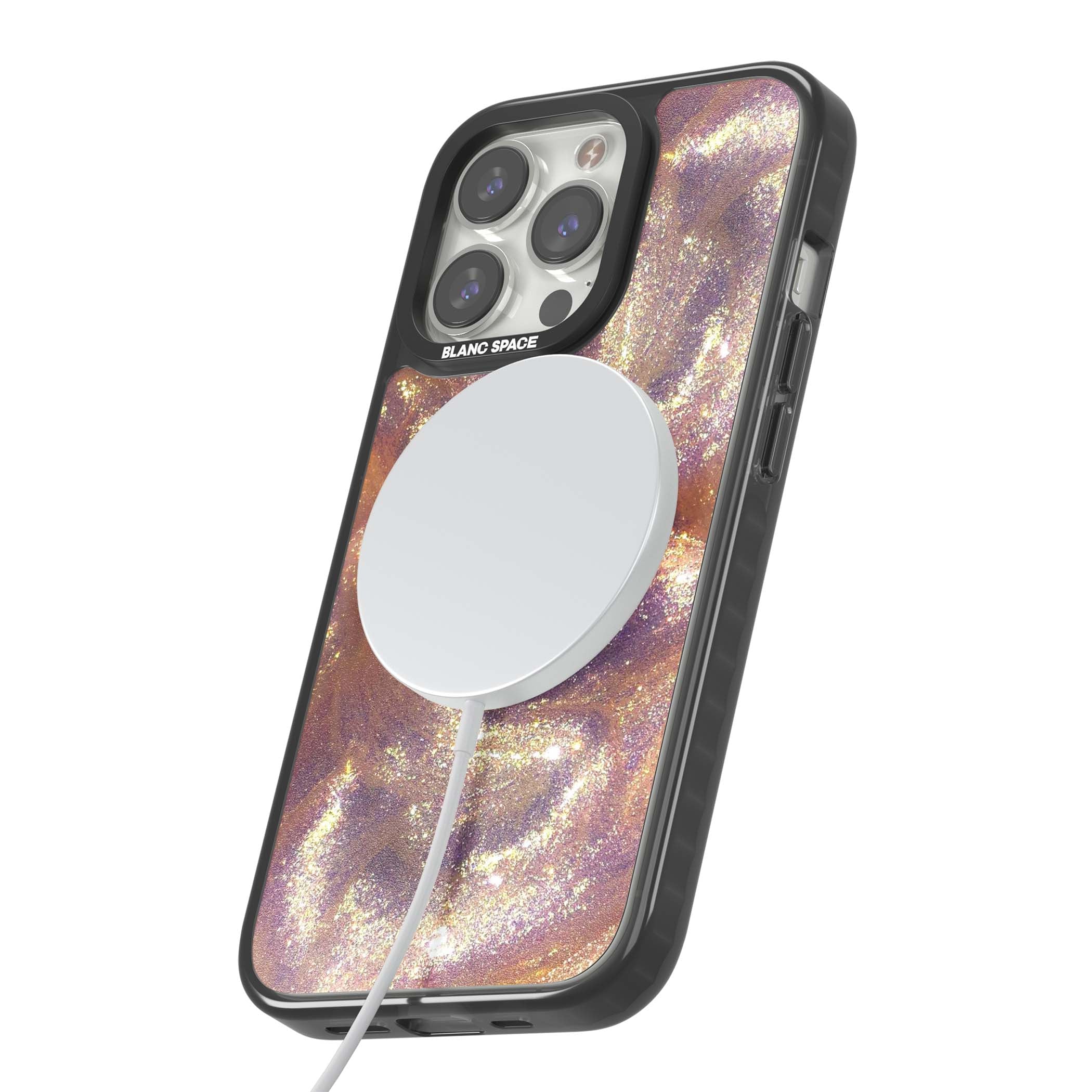 Shimmer marble iPhone case featuring rose gold glitter swirls, lilac shimmer and iridescent pearl finish | Black Impact Magsafe case for iPhone 13 Pro, iPhone 14 Pro, iPhone 15 Pro