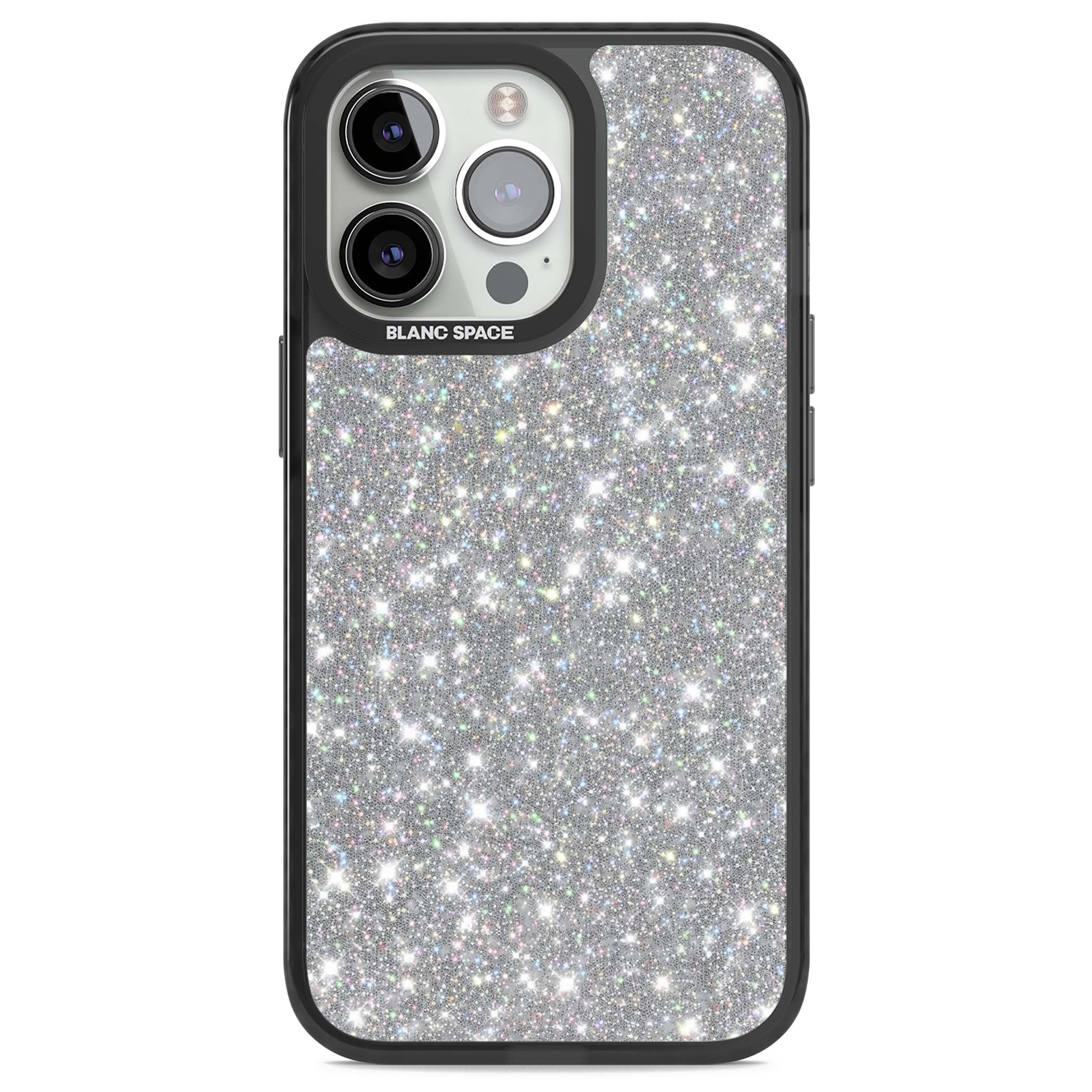 Diamond glam iPhone case featuring silver glitter sparkle and shimmering diamond dust effect | Black Impact Magsafe case for iPhone 13 Pro, iPhone 14 Pro, iPhone 15 Pro