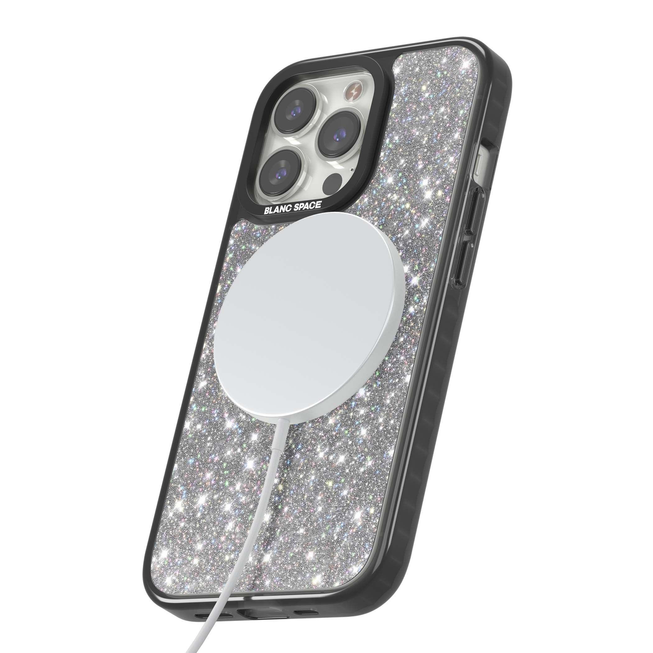 Diamond glam iPhone case featuring silver glitter sparkle and shimmering diamond dust effect | Black Impact Magsafe case for iPhone 13 Pro, iPhone 14 Pro, iPhone 15 Pro