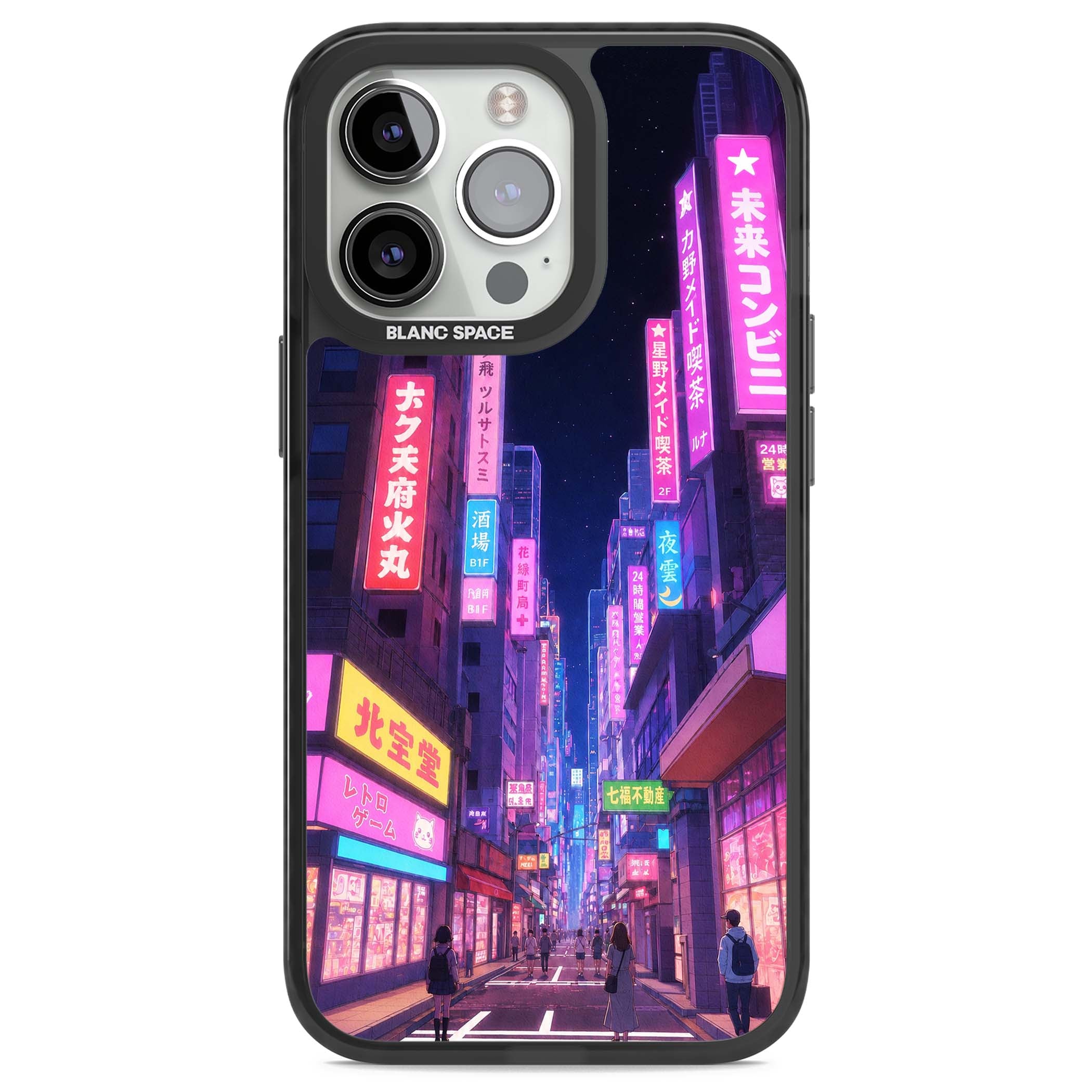 Shibuya At Night Japanese neon city iPhone case featuring glowing kanji signs, pink storefronts and a Tokyo street at n | Black Impact Magsafe case for iPhone 13 Pro, iPhone 14 Pro, iPhone 15 Pro
