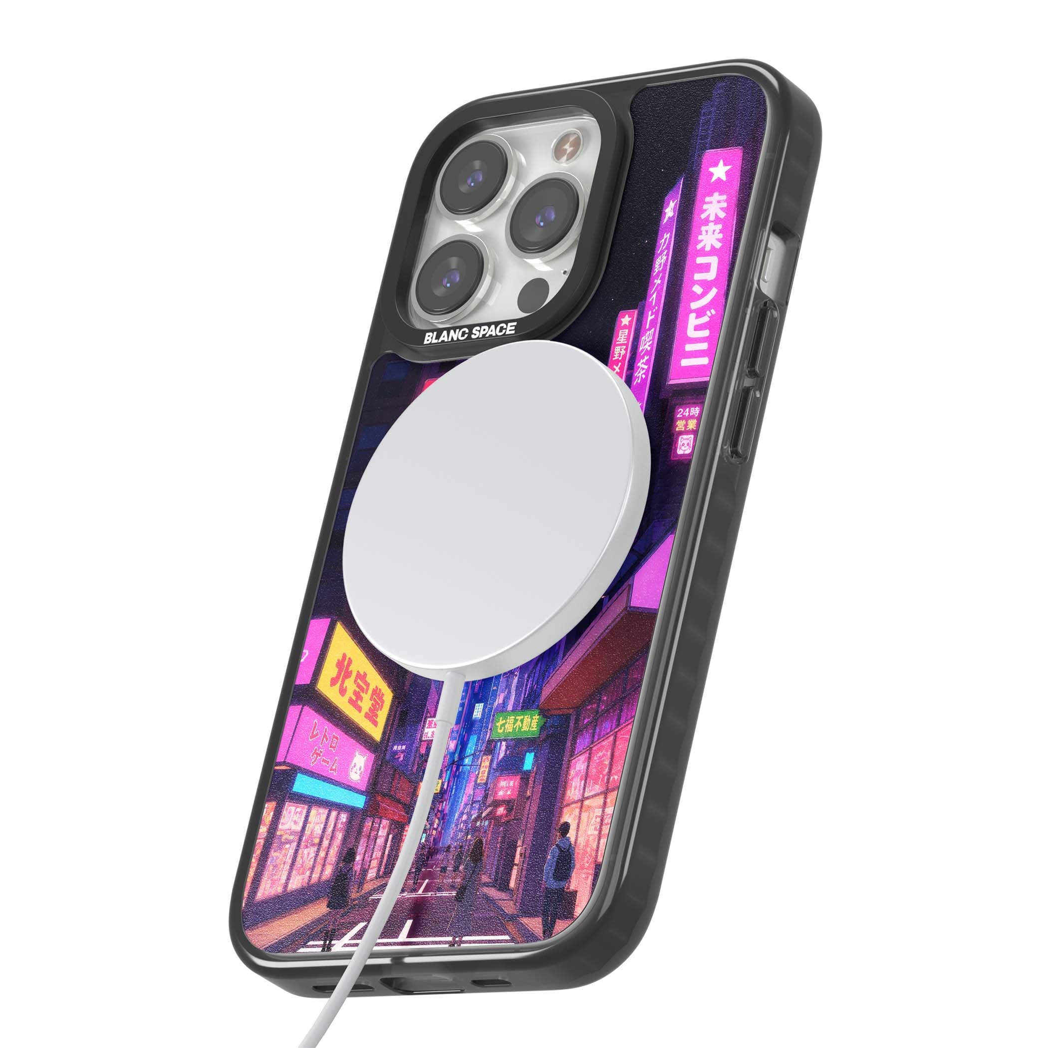 Shibuya At Night Japanese neon city iPhone case featuring glowing kanji signs, pink storefronts and a Tokyo street at n | Black Impact Magsafe case for iPhone 13 Pro, iPhone 14 Pro, iPhone 15 Pro