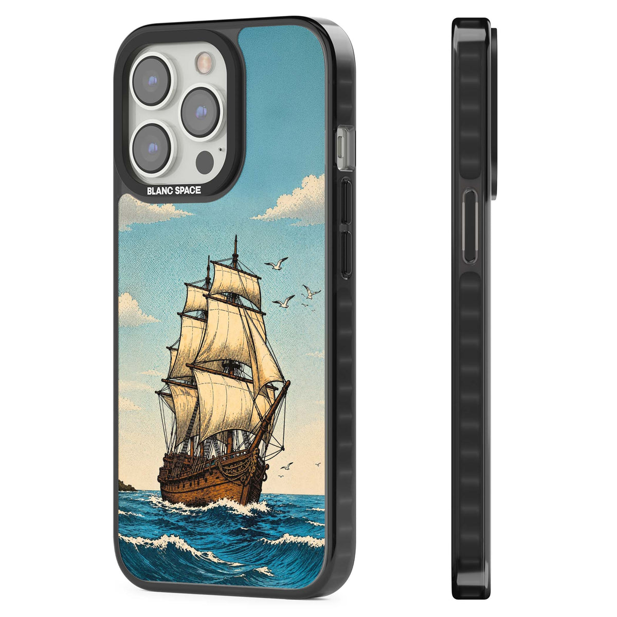 Ship at Sea nautical iPhone case featuring a vintage tall ship, ocean waves and seagulls | Black Impact Magsafe case for iPhone 13 Pro, iPhone 14 Pro, iPhone 15 Pro