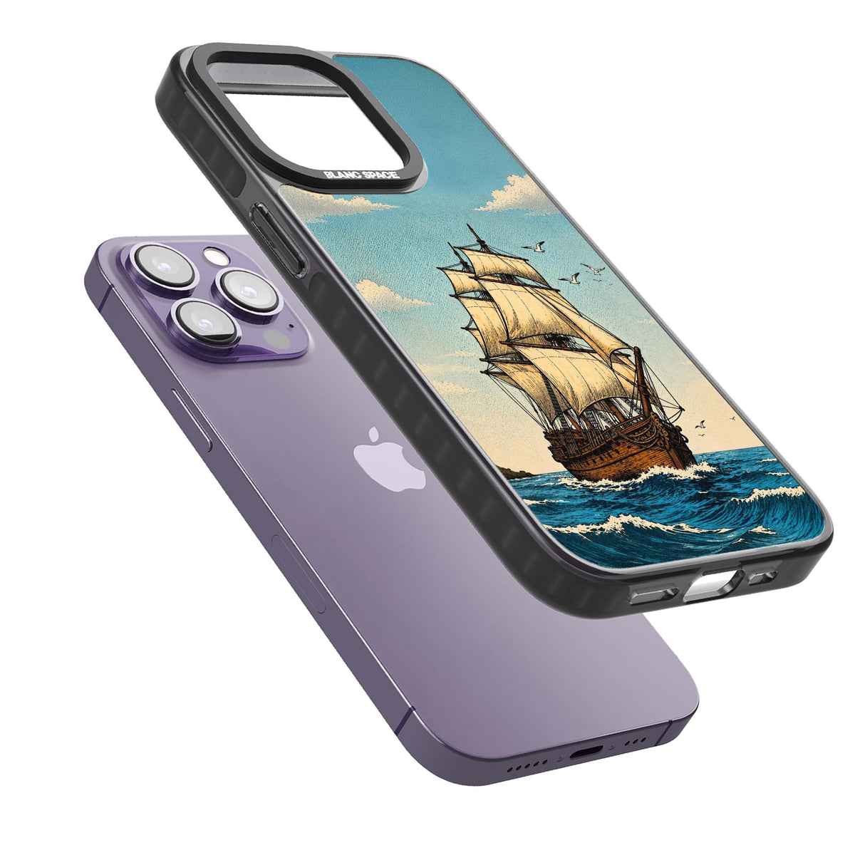 Ship at Sea nautical iPhone case featuring a vintage tall ship, ocean waves and seagulls | Black Impact Magsafe case for iPhone 13 Pro, iPhone 14 Pro, iPhone 15 Pro