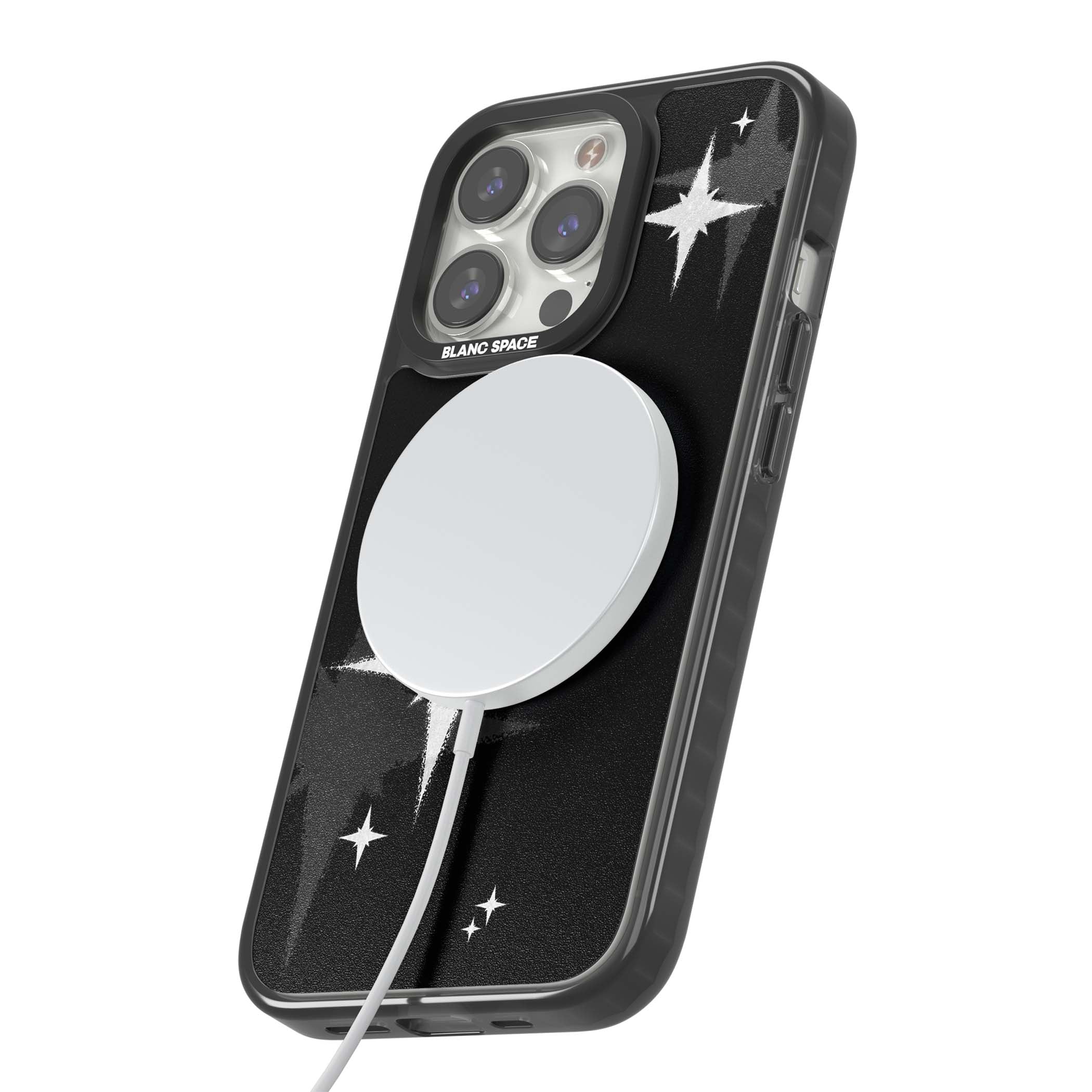 Black Sparkle celestial iPhone case featuring white sparkle stars on a black night sky background | Black Impact Magsafe case for iPhone 13 Pro, iPhone 14 Pro, iPhone 15 Pro
