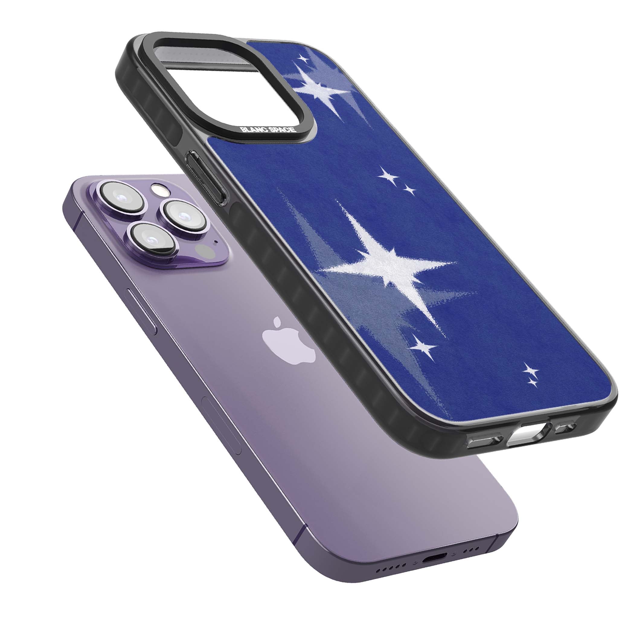 Blue Sparkle celestial iPhone case featuring sparkling silver stars on a deep blue painterly night sky | Black Impact Magsafe case for iPhone 13 Pro, iPhone 14 Pro, iPhone 15 Pro
