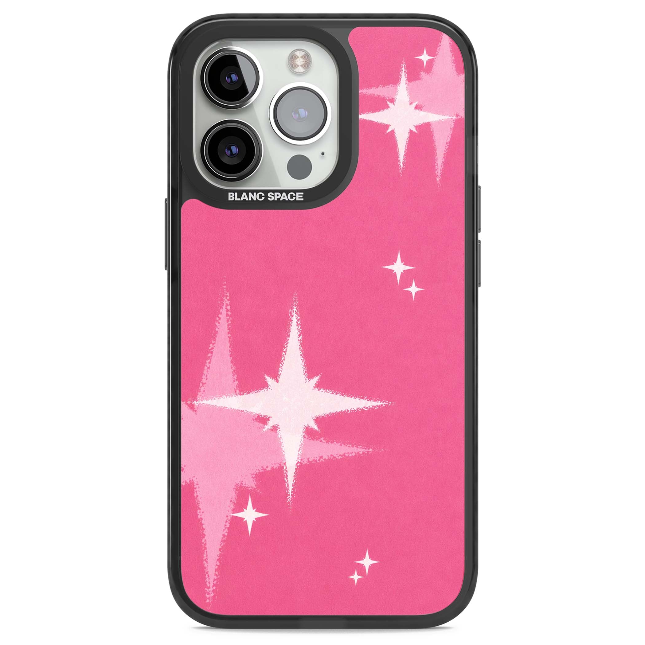 Pink Sparkle Y2K iPhone case featuring hot pink background with shimmering white starburst pattern | Black Impact Magsafe case for iPhone 13 Pro, iPhone 14 Pro, iPhone 15 Pro