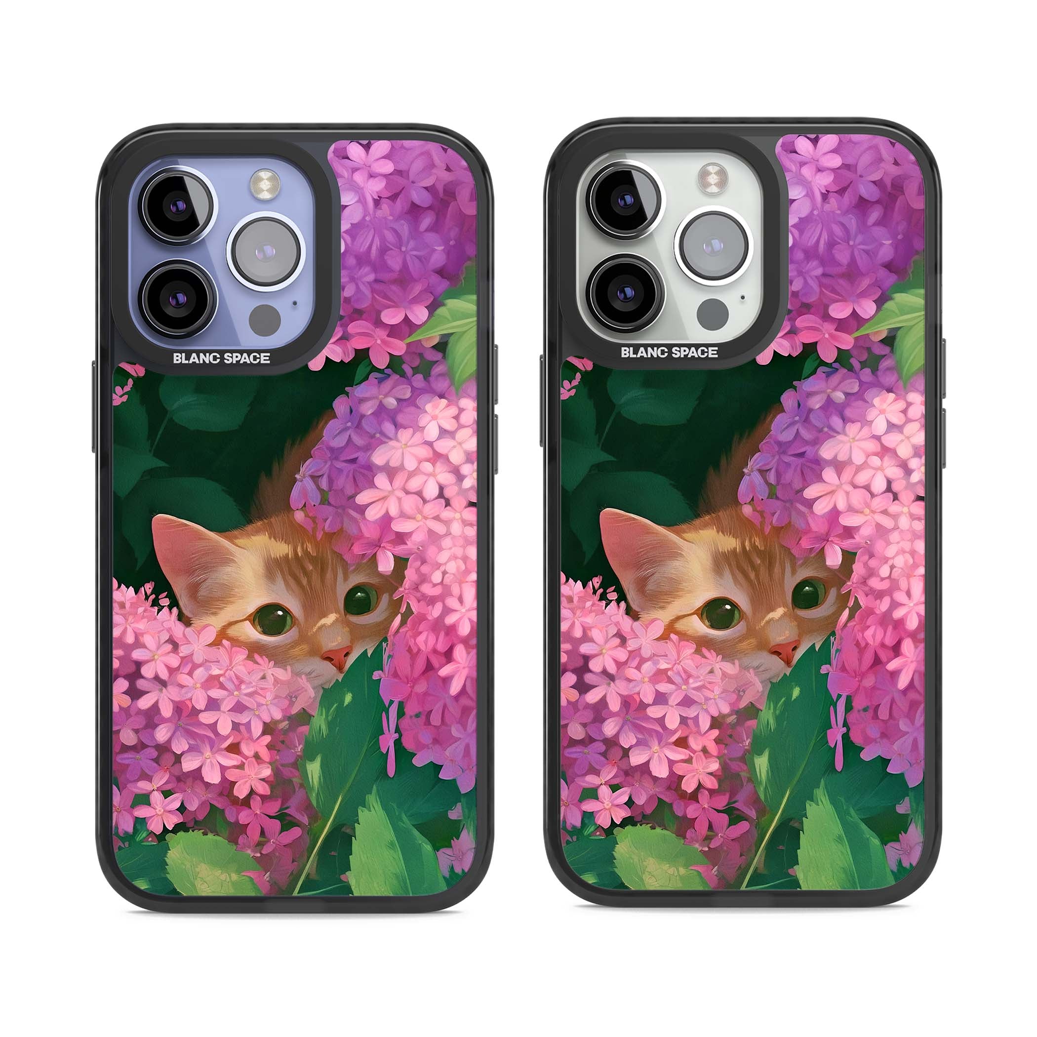 Cat In Pink Flowers cottagecore iPhone case featuring a ginger kitten peeking through lilac and pink hydrangea flo | Black Impact Magsafe case for iPhone 13 Pro, iPhone 14 Pro, iPhone 15 Pro