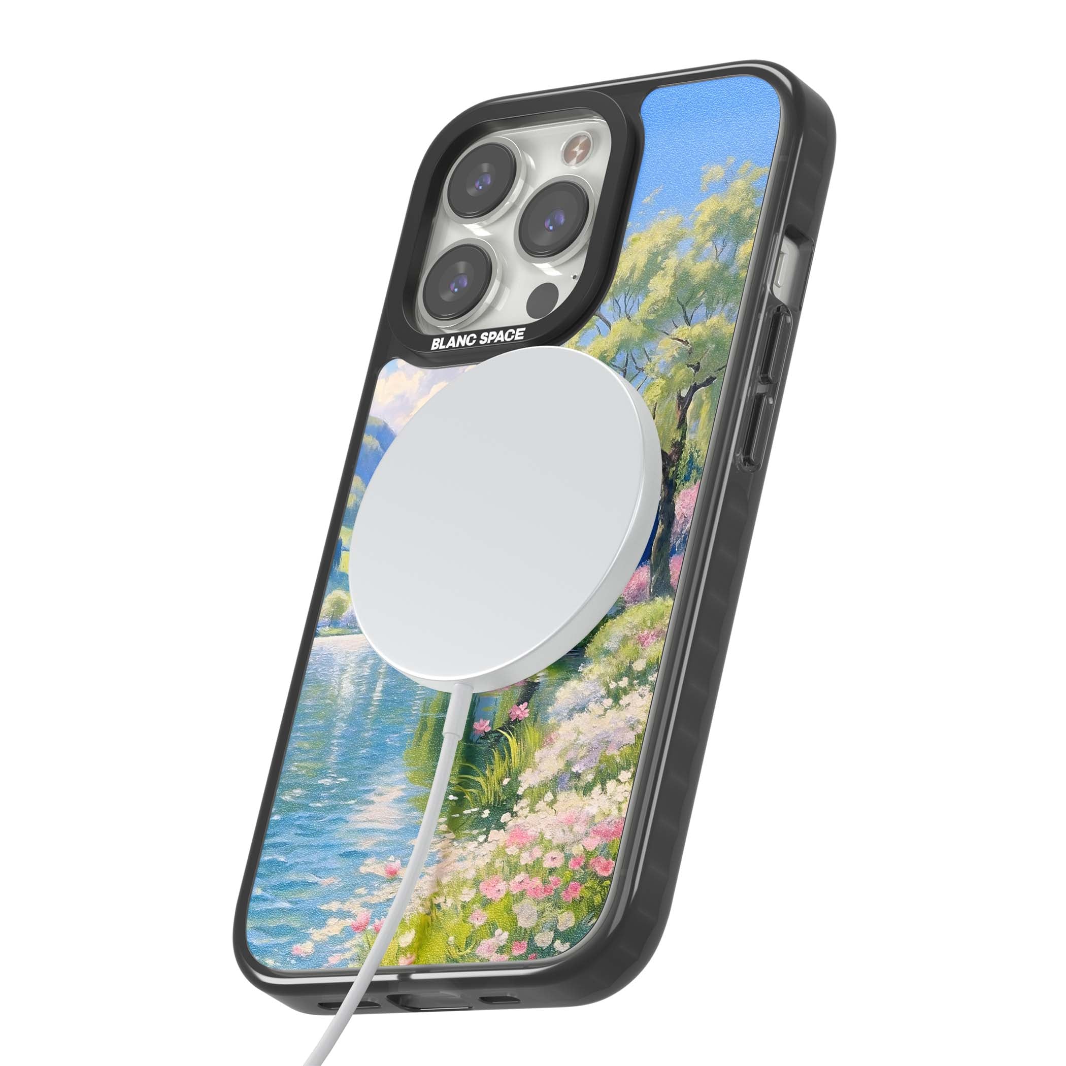 Willow Lake cottagecore iPhone case featuring a painted lakeside with weeping willow, blossoms and distant mountains | Black Impact Magsafe case for iPhone 13 Pro, iPhone 14 Pro, iPhone 15 Pro