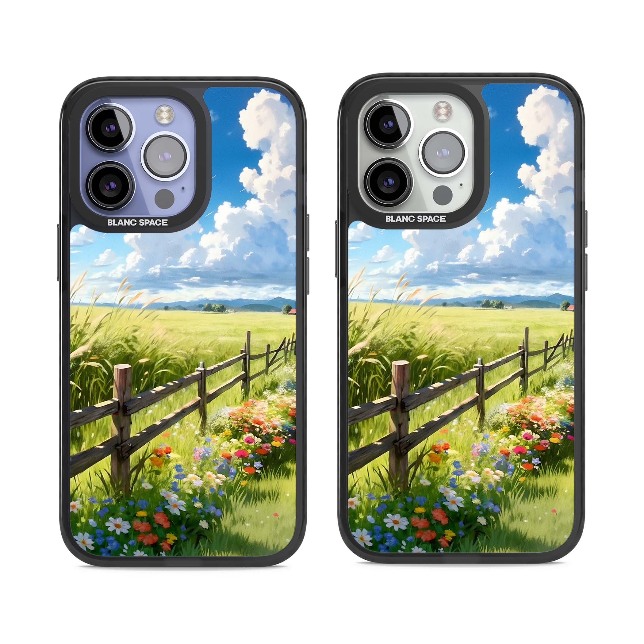 A Countryside Afternoon cottagecore iPhone case featuring a painted countryside meadow, wooden fence, and wildflowers beneath | Black Impact Magsafe case for iPhone 13 Pro, iPhone 14 Pro, iPhone 15 Pro