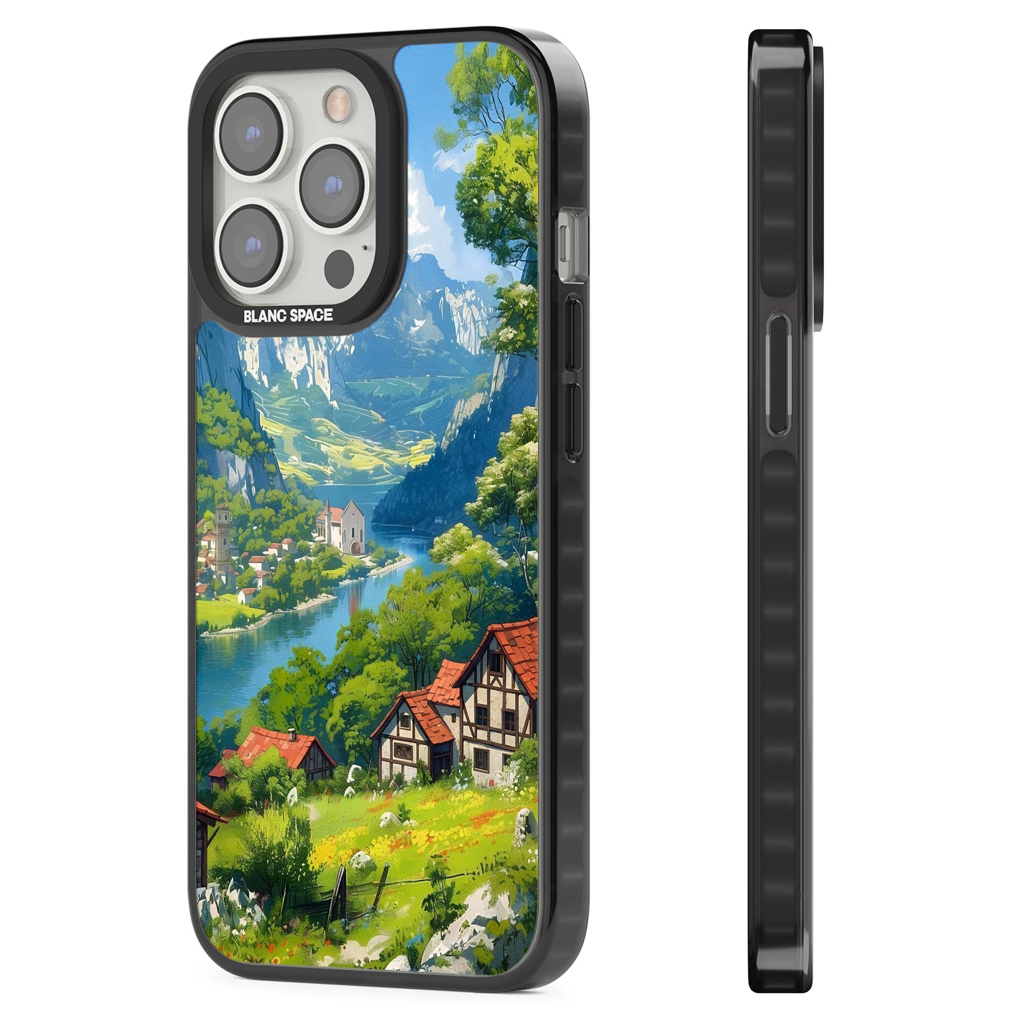 Village In The Valley anime iPhone case featuring a painted mountain village, river valley and half-timbered cottages. | Black Impact Magsafe case for iPhone 13 Pro, iPhone 14 Pro, iPhone 15 Pro