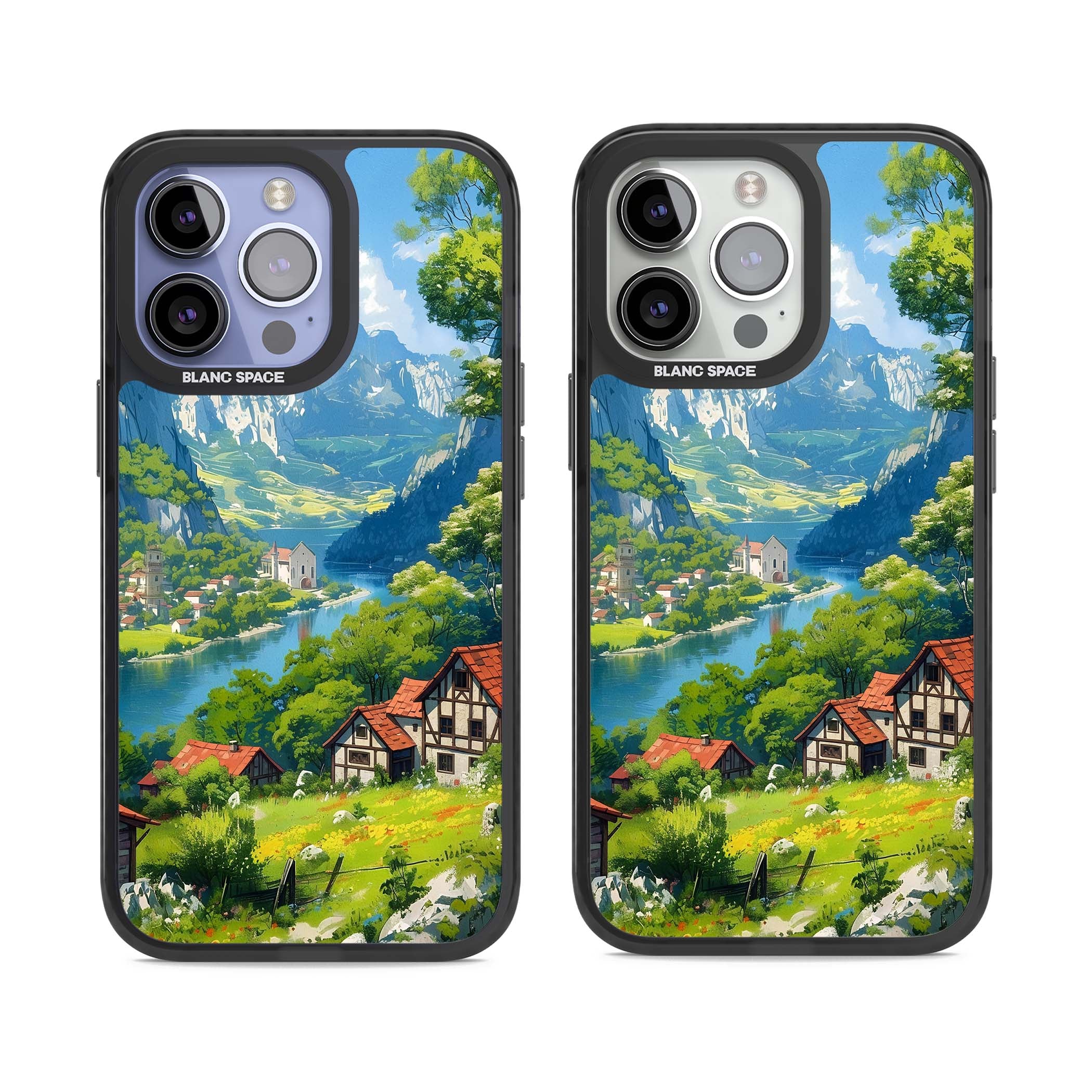 Village In The Valley anime iPhone case featuring a painted mountain village, river valley and half-timbered cottages. | Black Impact Magsafe case for iPhone 13 Pro, iPhone 14 Pro, iPhone 15 Pro
