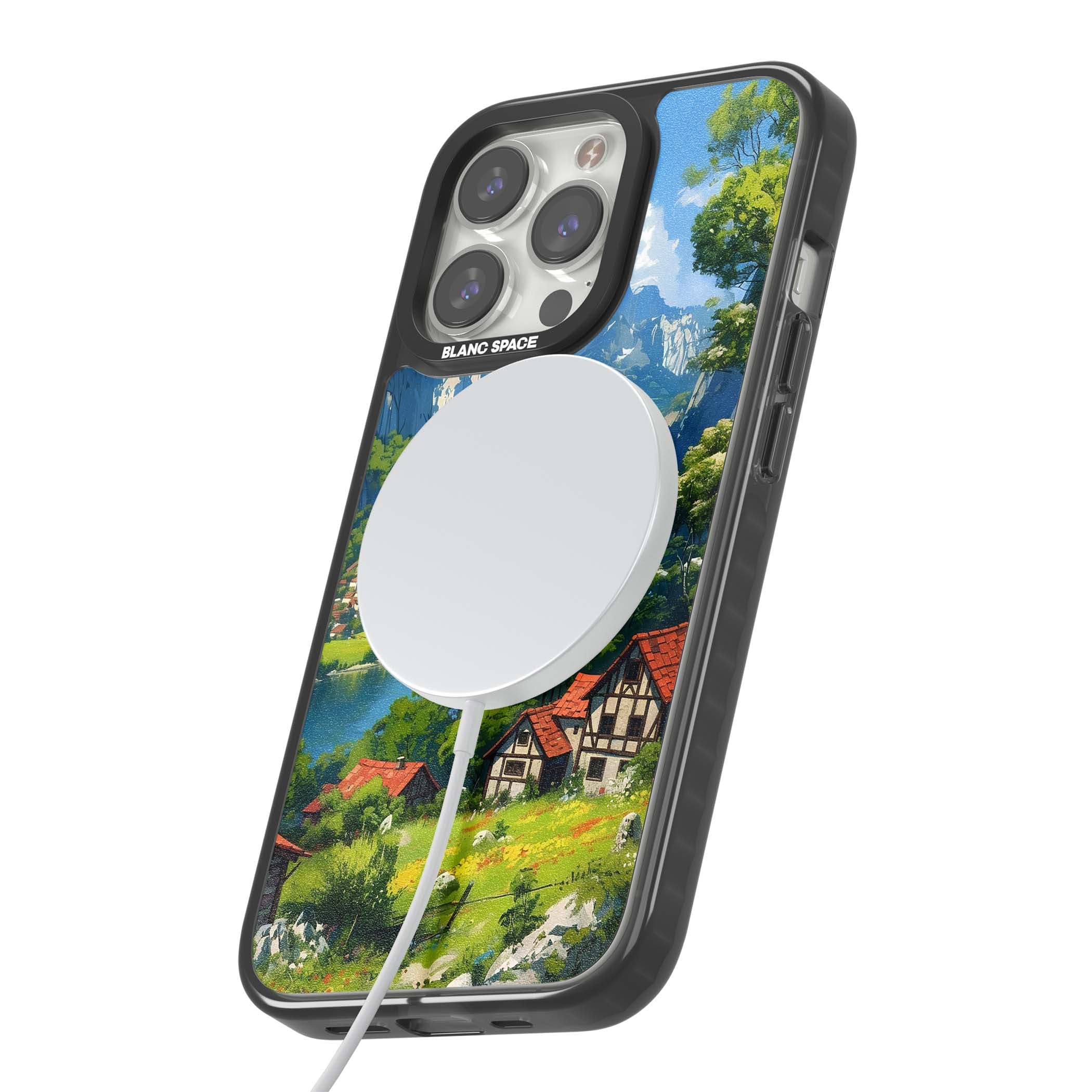 Village In The Valley anime iPhone case featuring a painted mountain village, river valley and half-timbered cottages. | Black Impact Magsafe case for iPhone 13 Pro, iPhone 14 Pro, iPhone 15 Pro