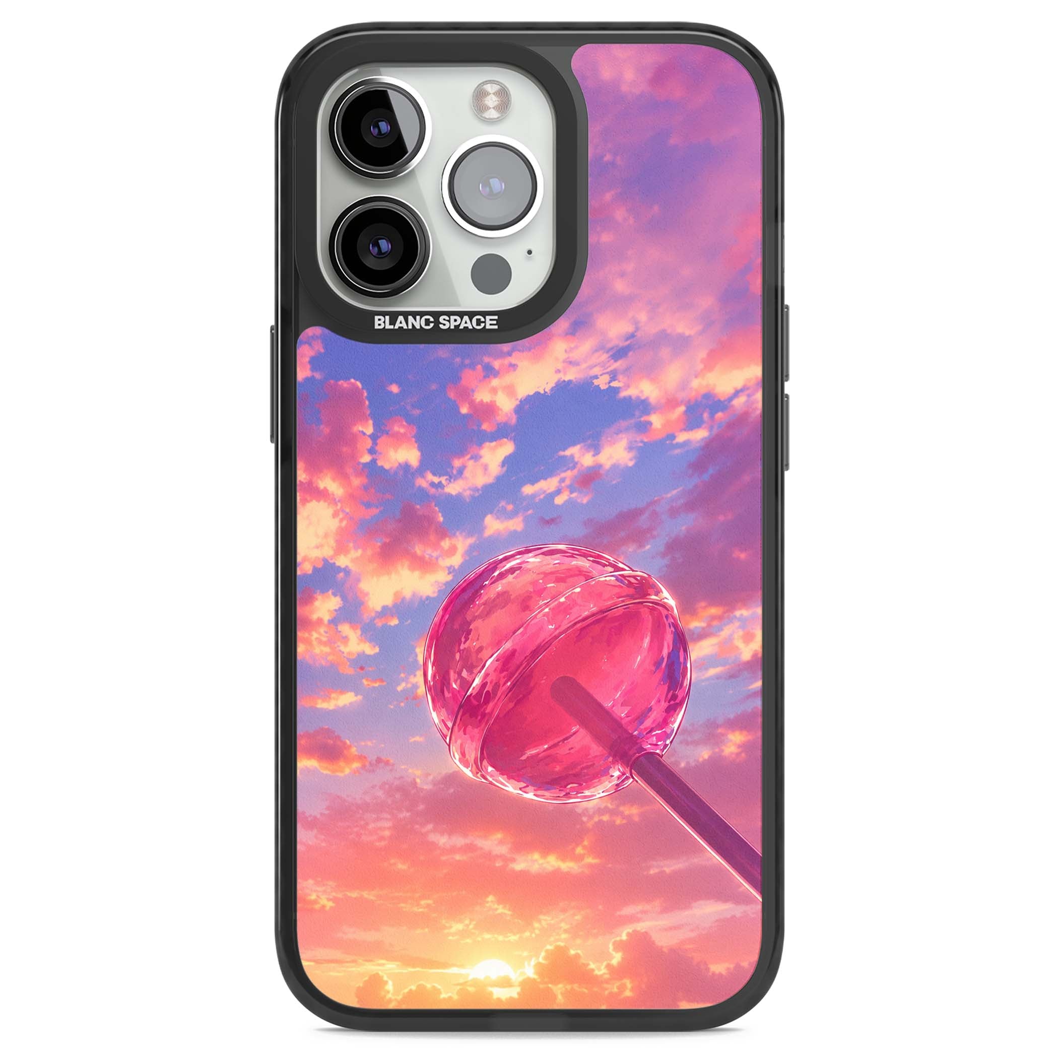 Sugar Sunset candy aesthetic iPhone case featuring a pink lollipop, pastel sunset sky and dreamy clouds | Black Impact Magsafe case for iPhone 13 Pro, iPhone 14 Pro, iPhone 15 Pro