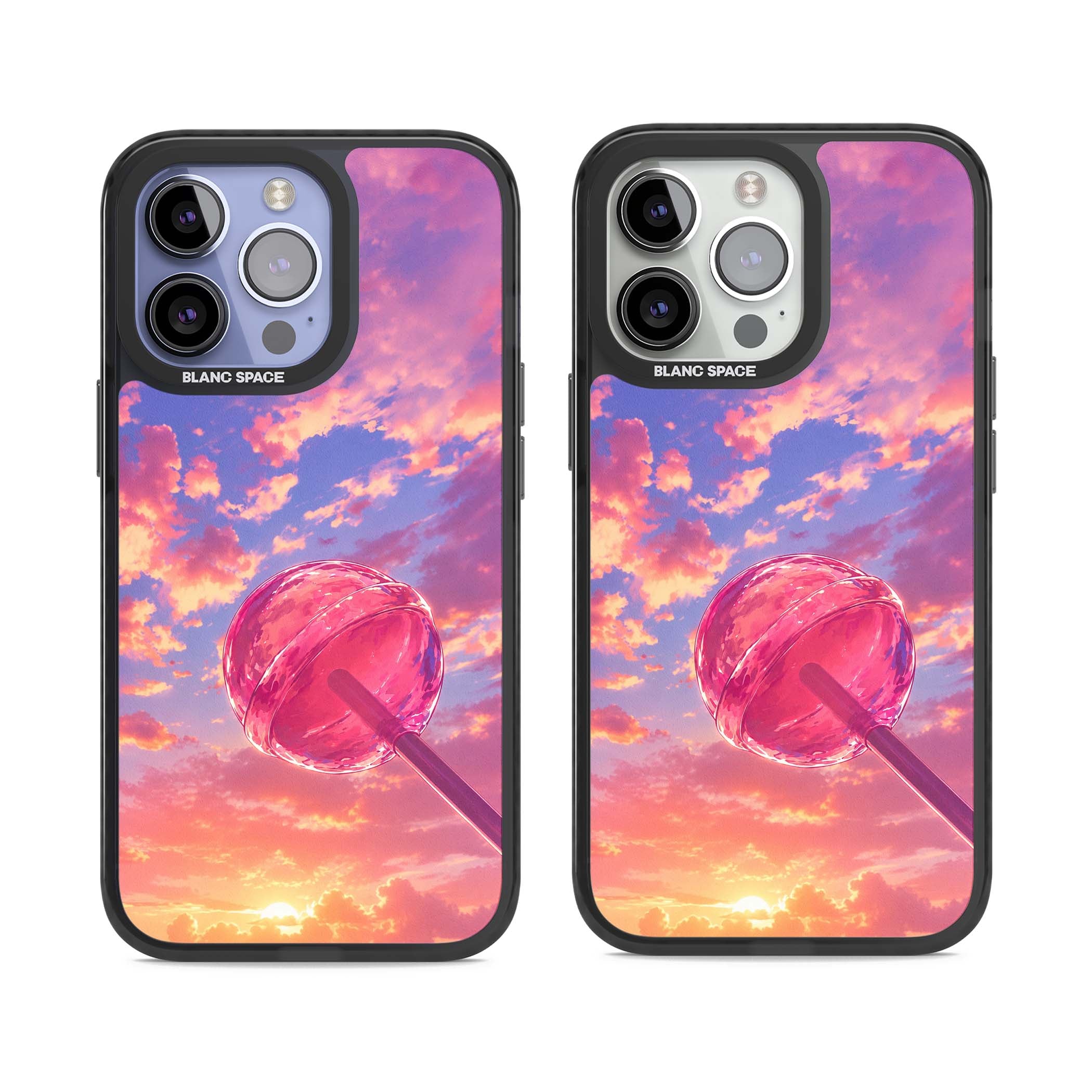 Sugar Sunset candy aesthetic iPhone case featuring a pink lollipop, pastel sunset sky and dreamy clouds | Black Impact Magsafe case for iPhone 13 Pro, iPhone 14 Pro, iPhone 15 Pro