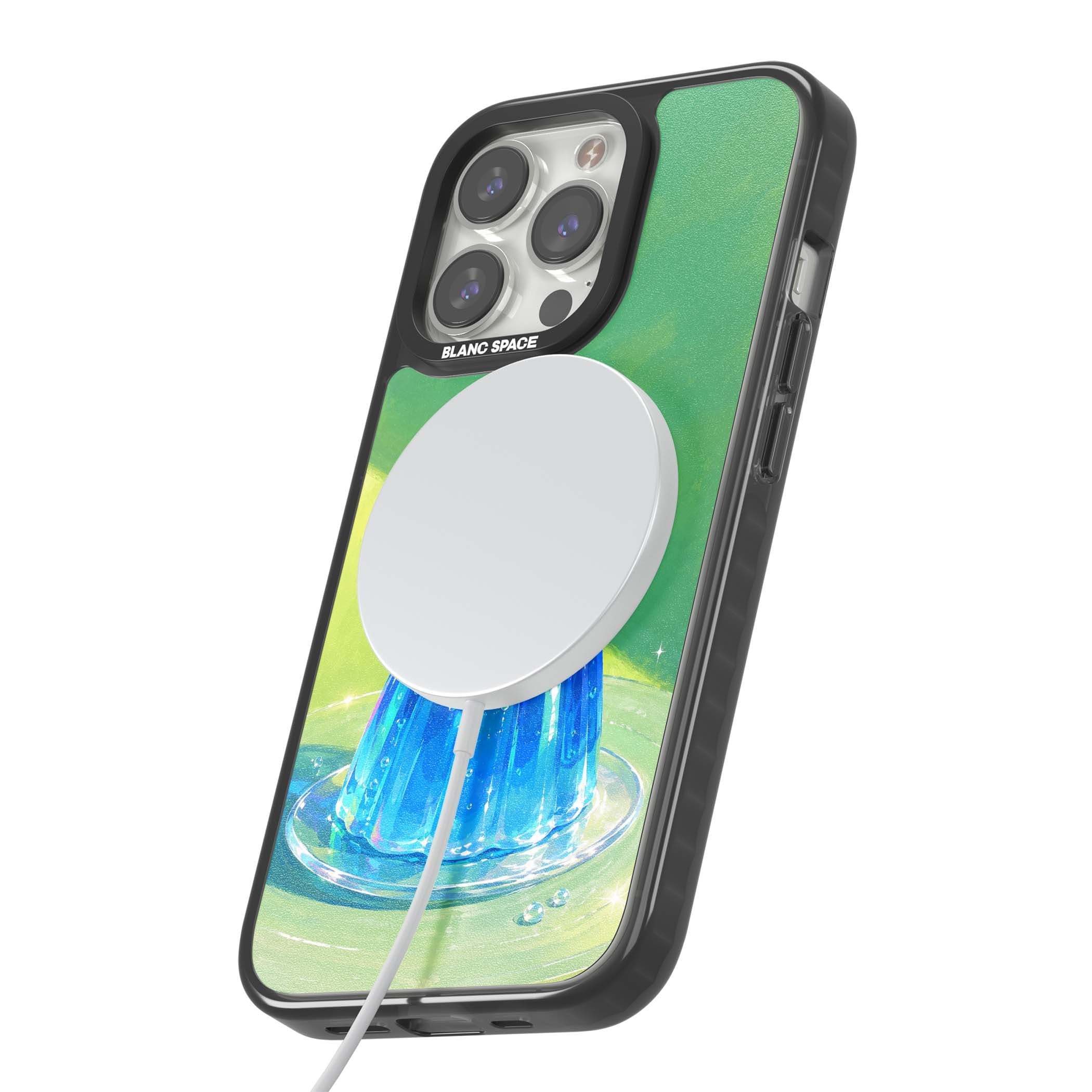 Cherry Jelly kawaii dessert iPhone case featuring blue jelly pudding, whipped cream and a red cherry | Black Impact Magsafe case for iPhone 13 Pro, iPhone 14 Pro, iPhone 15 Pro