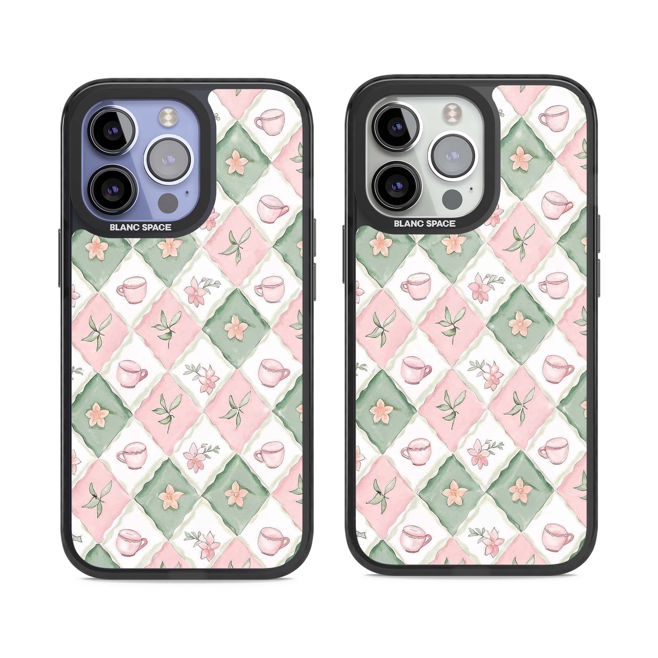 Garden Tea Party coquette iPhone case with pink and green checkered pattern, watercolour teacups and wildflowers | Black Impact Magsafe case for iPhone 13 Pro, iPhone 14 Pro, iPhone 15 Pro