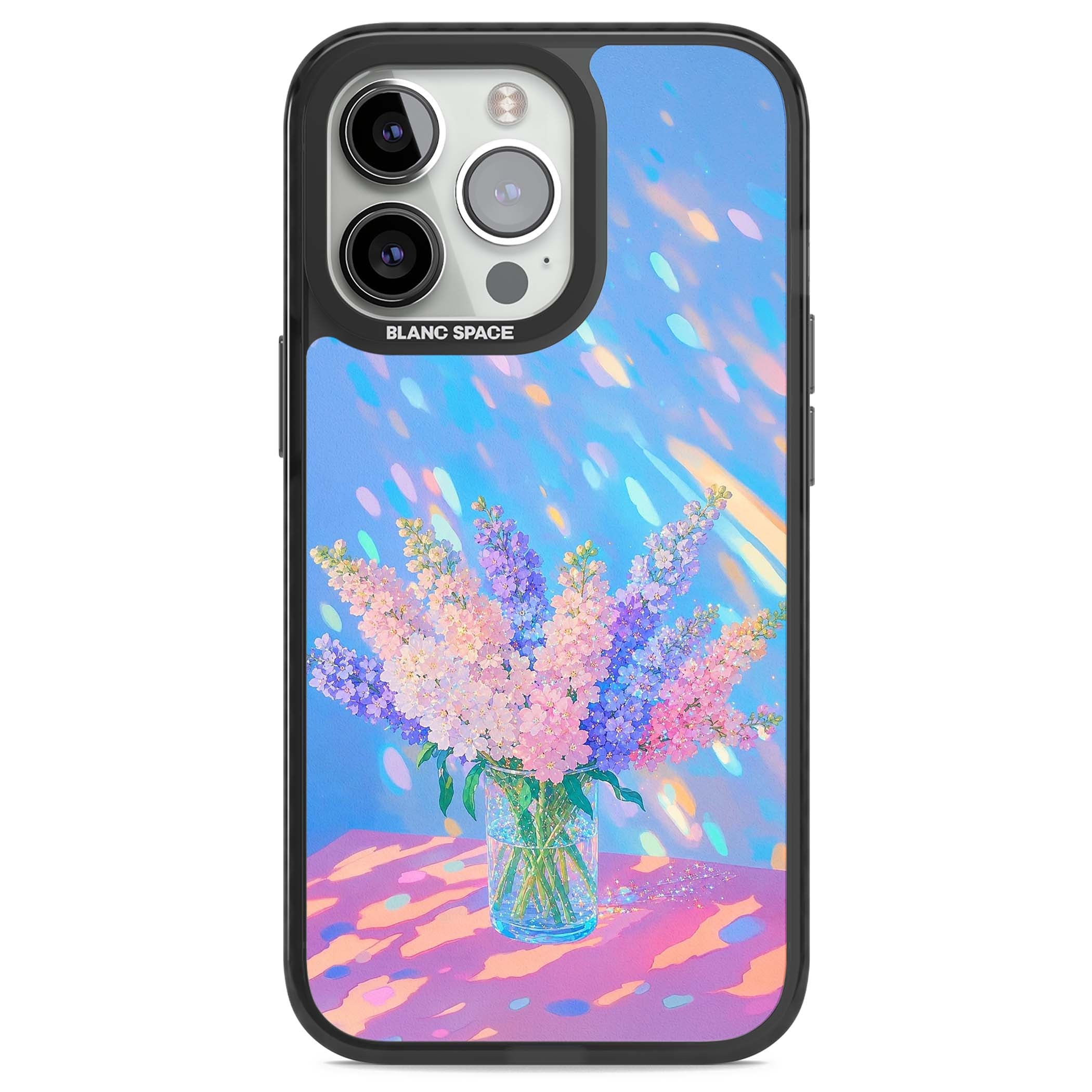 Bubblegum Flowers floral iPhone case featuring pastel lilac and pink bouquet in a glass vase with iridescent light | Black Impact Magsafe case for iPhone 13 Pro, iPhone 14 Pro, iPhone 15 Pro