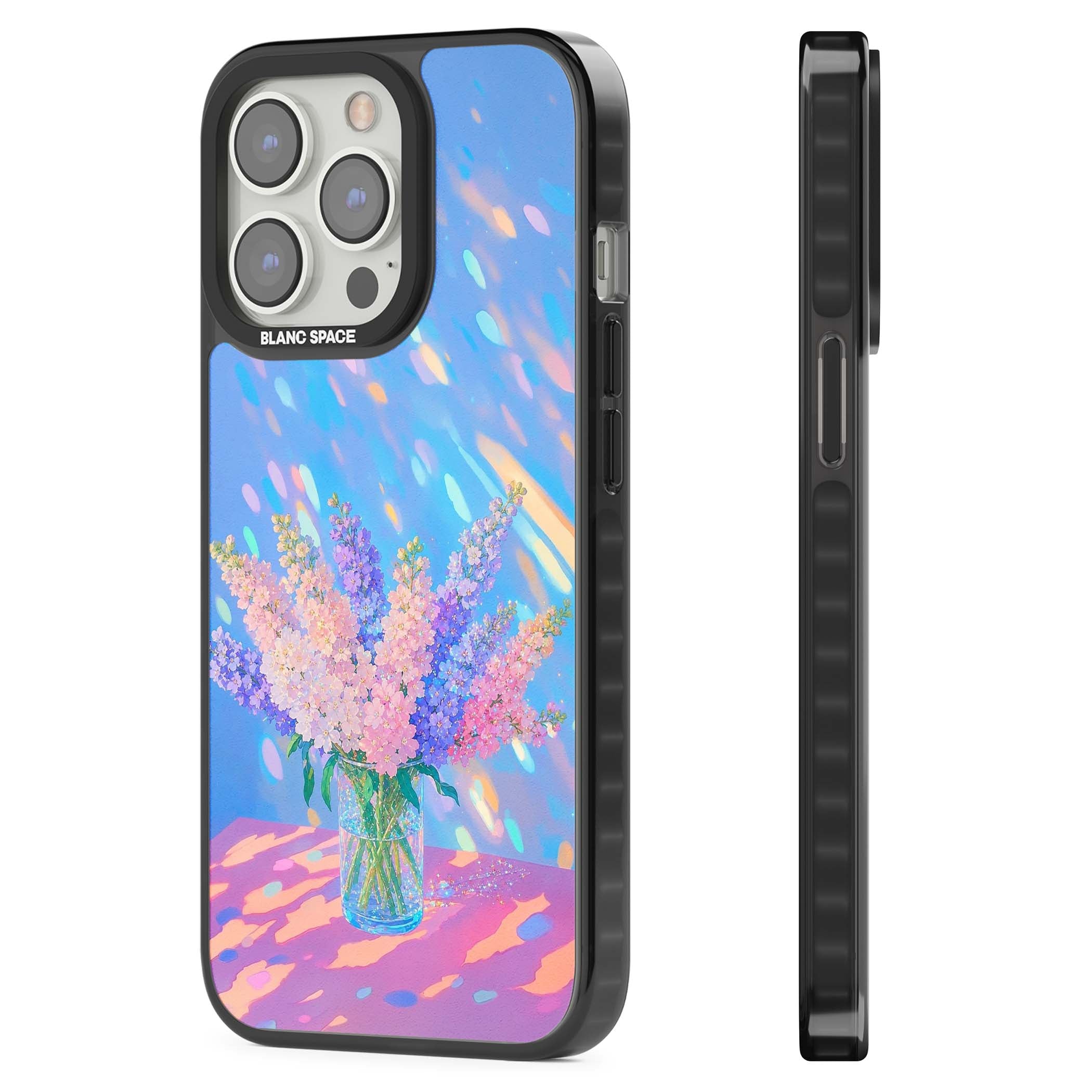 Bubblegum Flowers floral iPhone case featuring pastel lilac and pink bouquet in a glass vase with iridescent light | Black Impact Magsafe case for iPhone 13 Pro, iPhone 14 Pro, iPhone 15 Pro