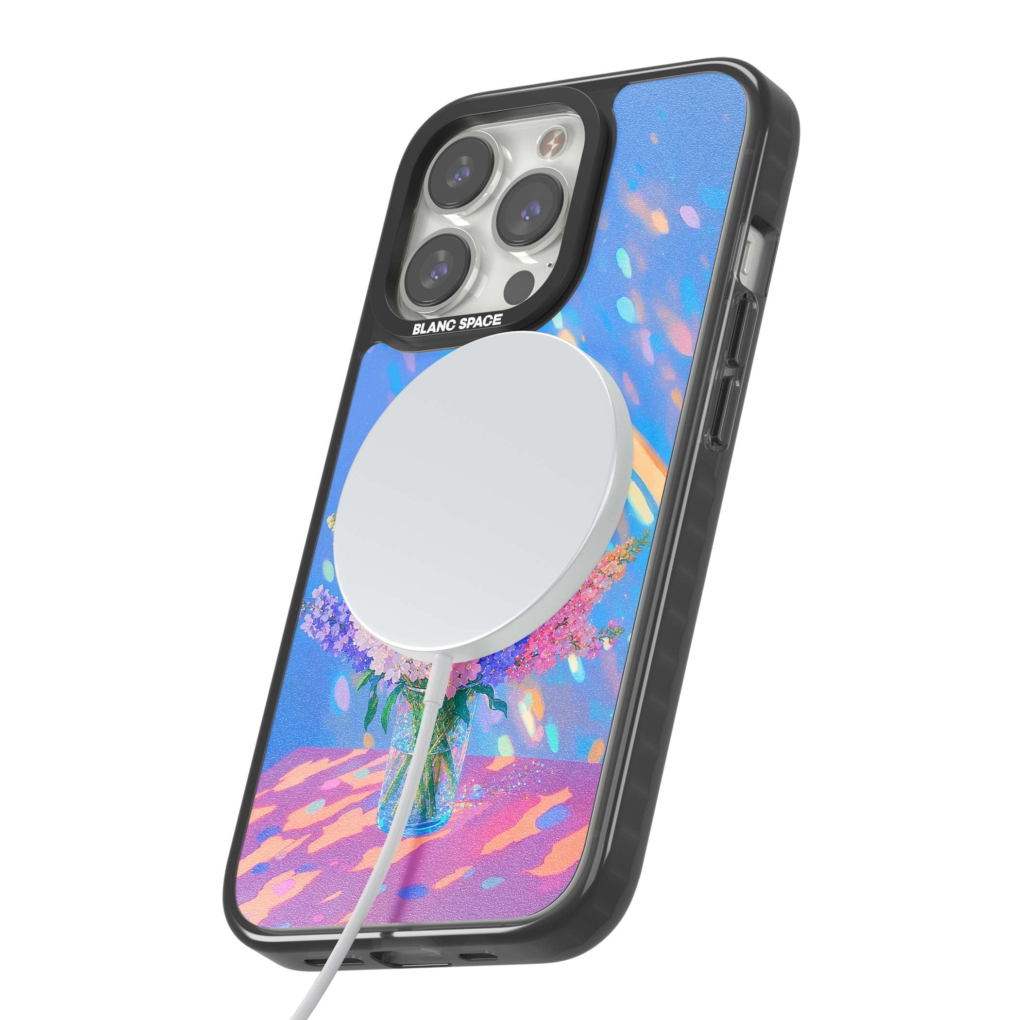 Bubblegum Flowers floral iPhone case featuring pastel lilac and pink bouquet in a glass vase with iridescent light | Black Impact Magsafe case for iPhone 13 Pro, iPhone 14 Pro, iPhone 15 Pro