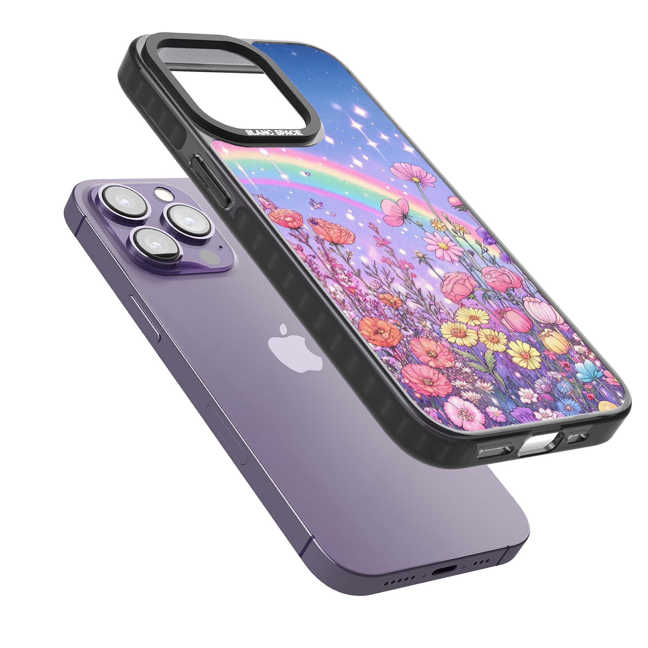 Magical Meadow fairycore iPhone case featuring a pastel rainbow, sparkling stars and a wildflower meadow | Black Impact case for iPhone 13 Pro, iPhone 14 Pro, iPhone 15 Pro
