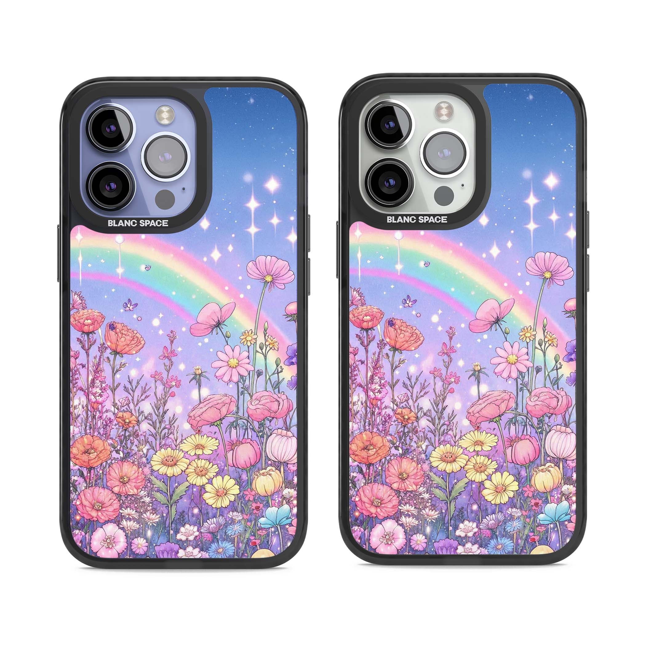 Magical Meadow fairycore iPhone case featuring a pastel rainbow, sparkling stars and a wildflower meadow | Black Impact case for iPhone 13 Pro, iPhone 14 Pro, iPhone 15 Pro