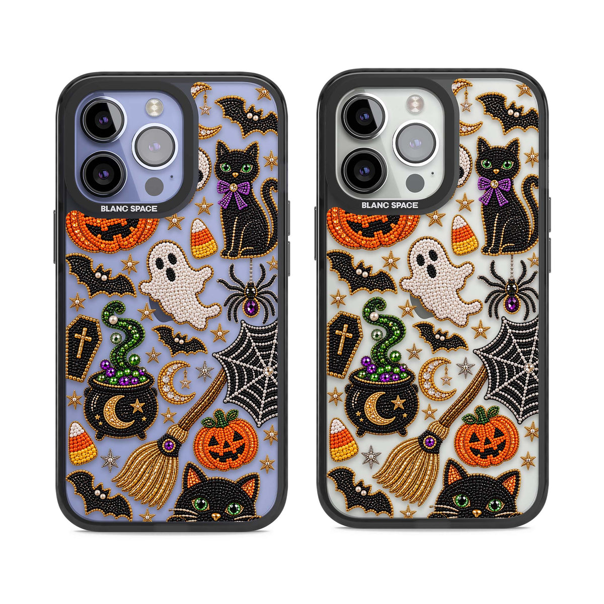 Beaded Halloween Halloween iPhone case featuring beaded pumpkins, ghosts, black cats and bats | Black Impact case for iPhone 13 Pro, iPhone 14 Pro, iPhone 15 Pro