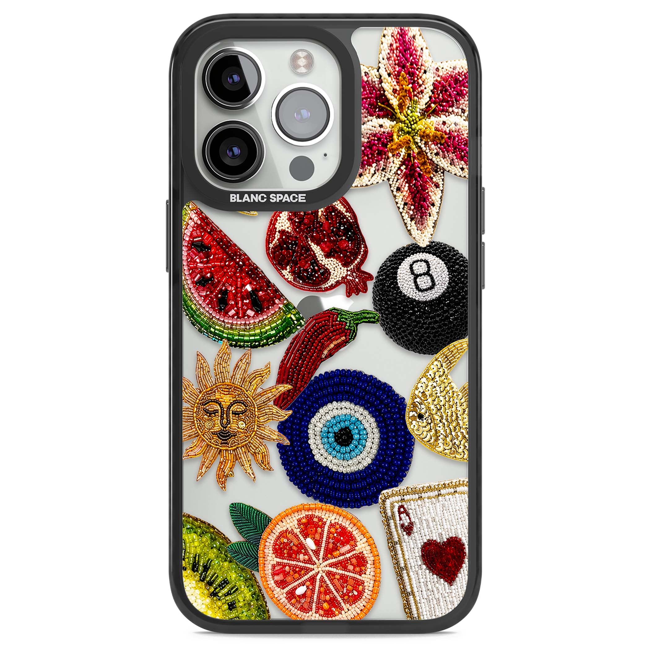 Beaded Charms embroidery iPhone case featuring beaded evil eye, fruit patches and a golden sun motif | Black Impact case for iPhone 13 Pro, iPhone 14 Pro, iPhone 15 Pro
