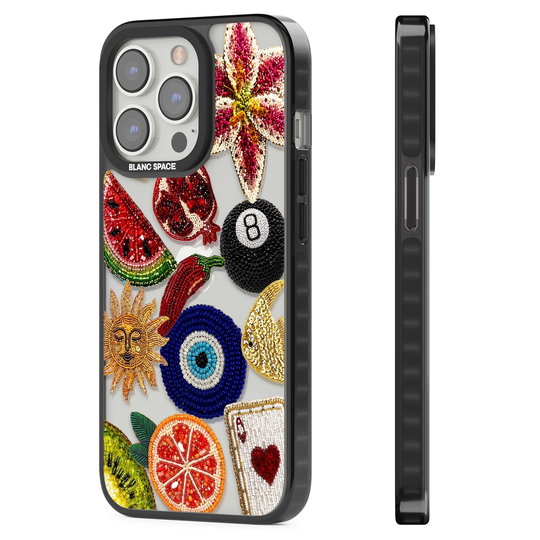 Beaded Charms embroidery iPhone case featuring beaded evil eye, fruit patches and a golden sun motif | Black Impact case for iPhone 13 Pro, iPhone 14 Pro, iPhone 15 Pro